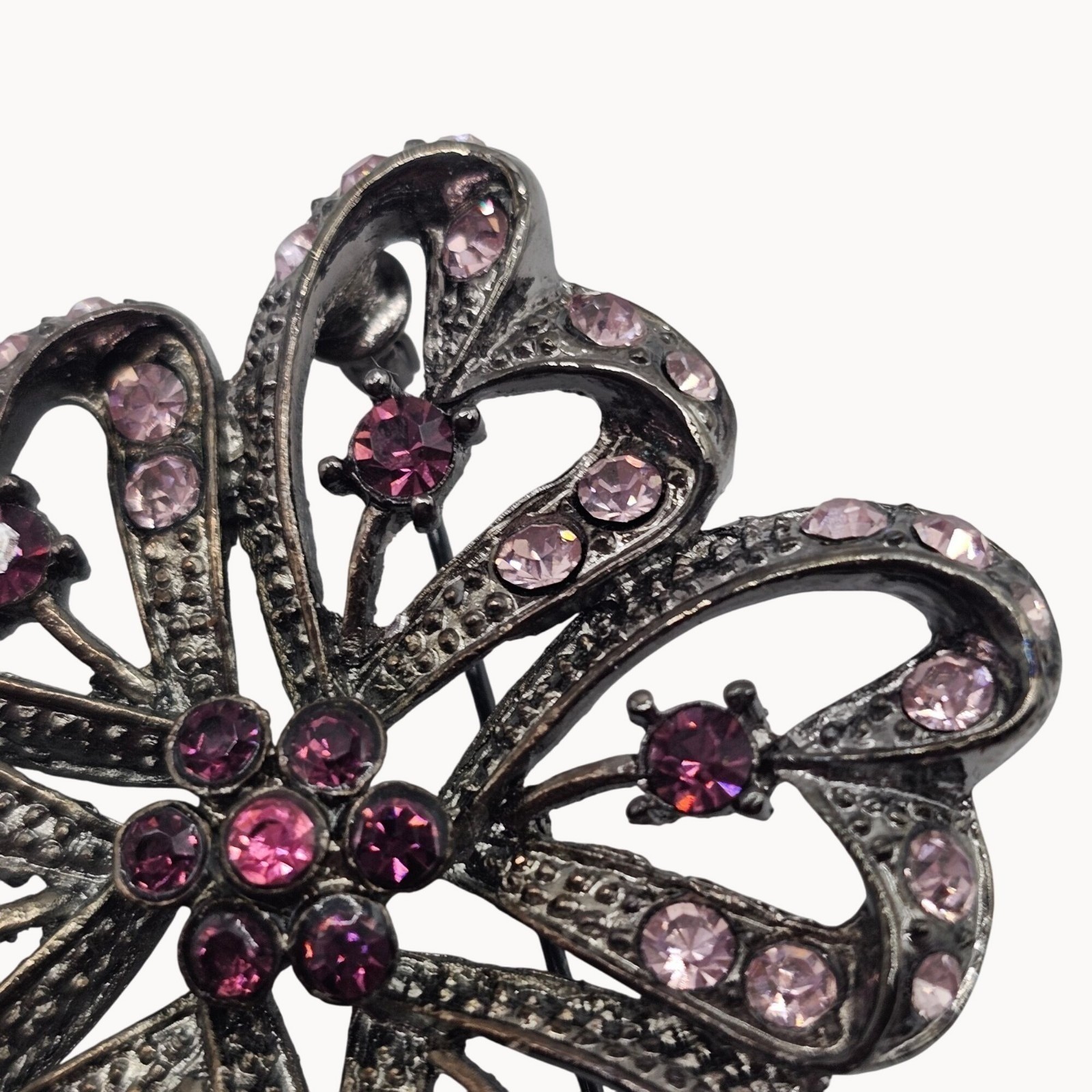 Rhinestone Floral Butterfly Brooch Pin Set 3pc Purple Pink Gunmetal Whimsigoth