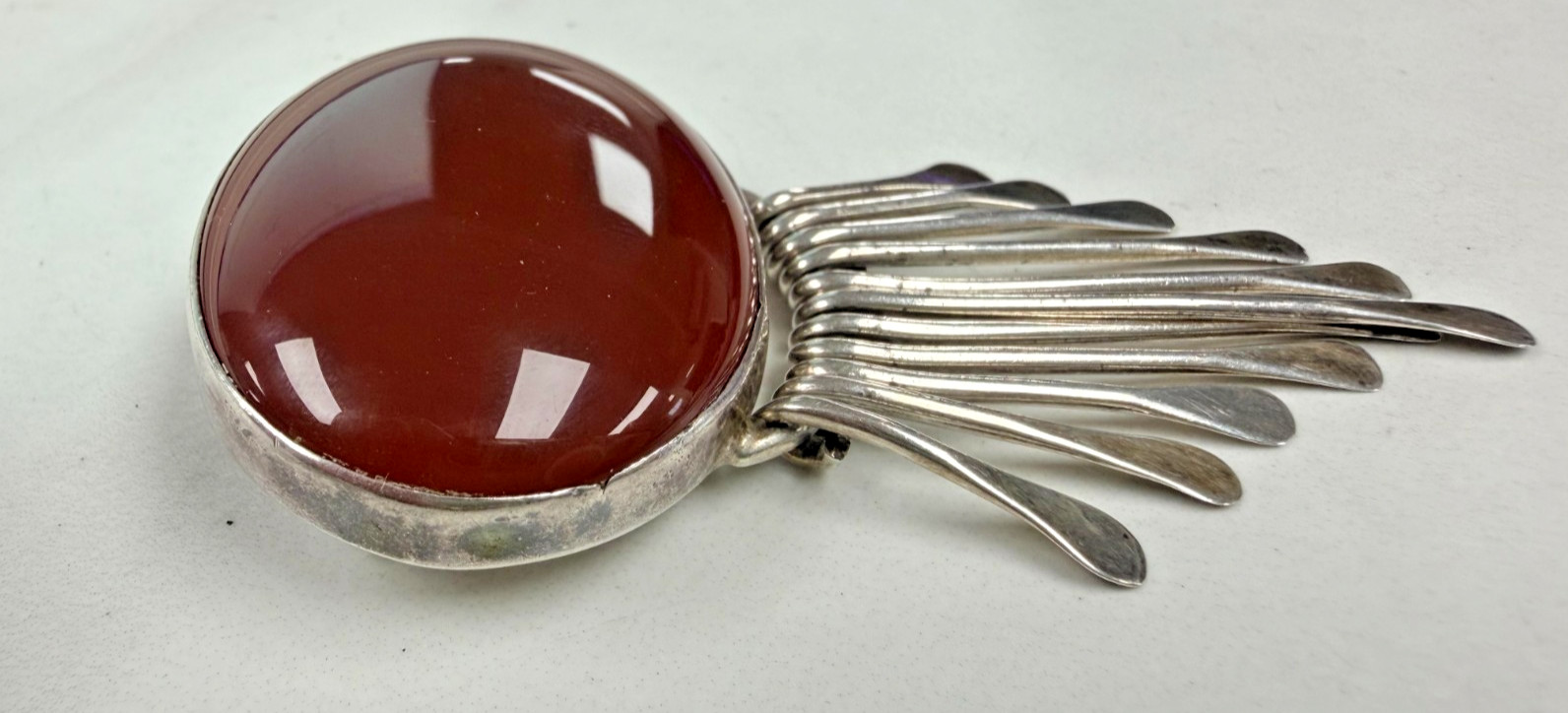 Vintage AIS Mexico Sterling Silver Deep Red Carnelian Cabochon Brooch Pendant