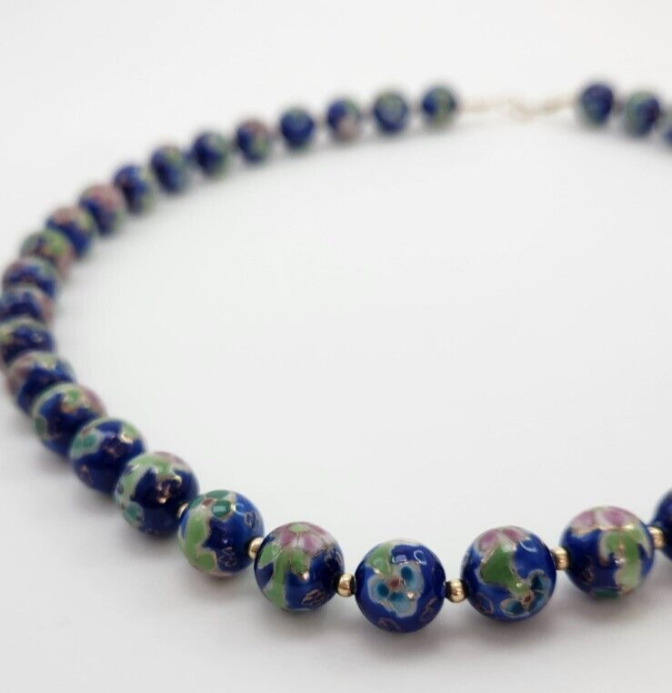 Vintage Japanese Cloisonne Bead Floral Necklace, Blue Pink and Green 22 Inches