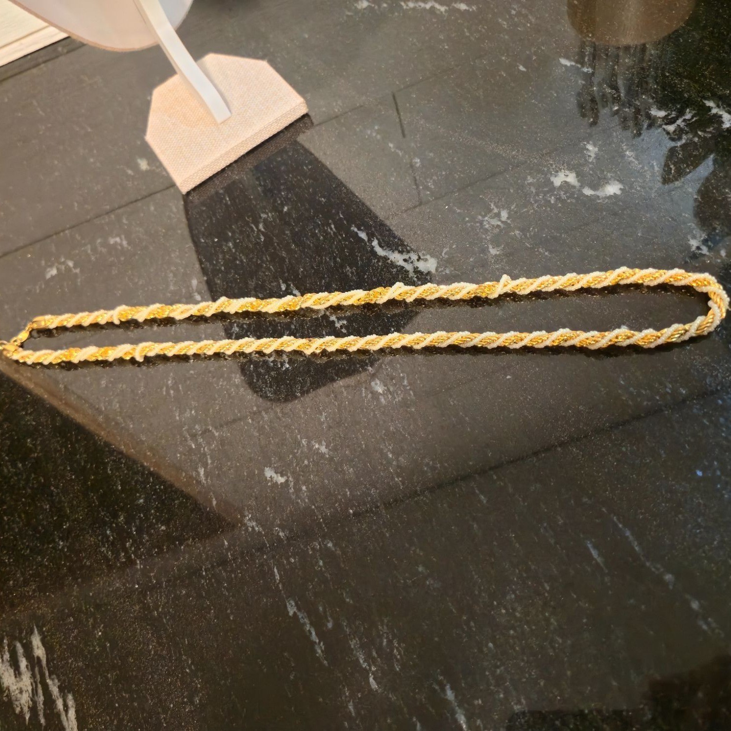 Trifari Vintage Gold Tone Twisted Rope Chain Necklace White Bead Twists jewelry