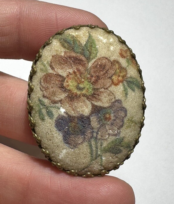 Vintage Cream Green Pink Purple Flower Scarf Clip Cameo Sugar Textured 4h 2