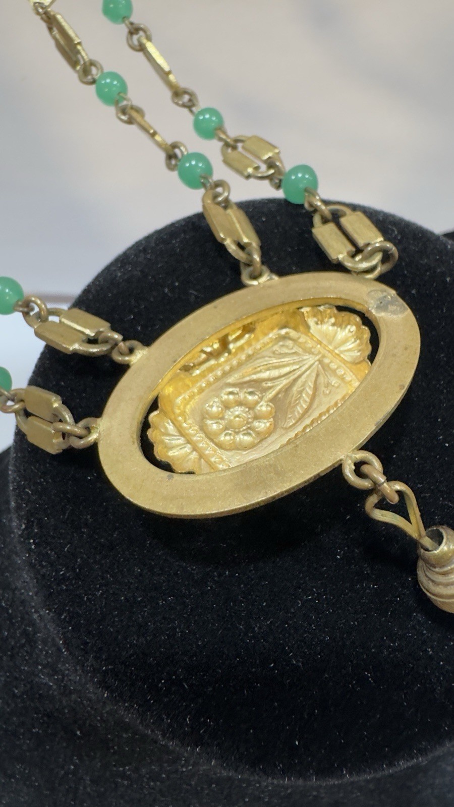 Antique Victorian Revival Green Chrysoprase Glass & Tassel Necklace Czech