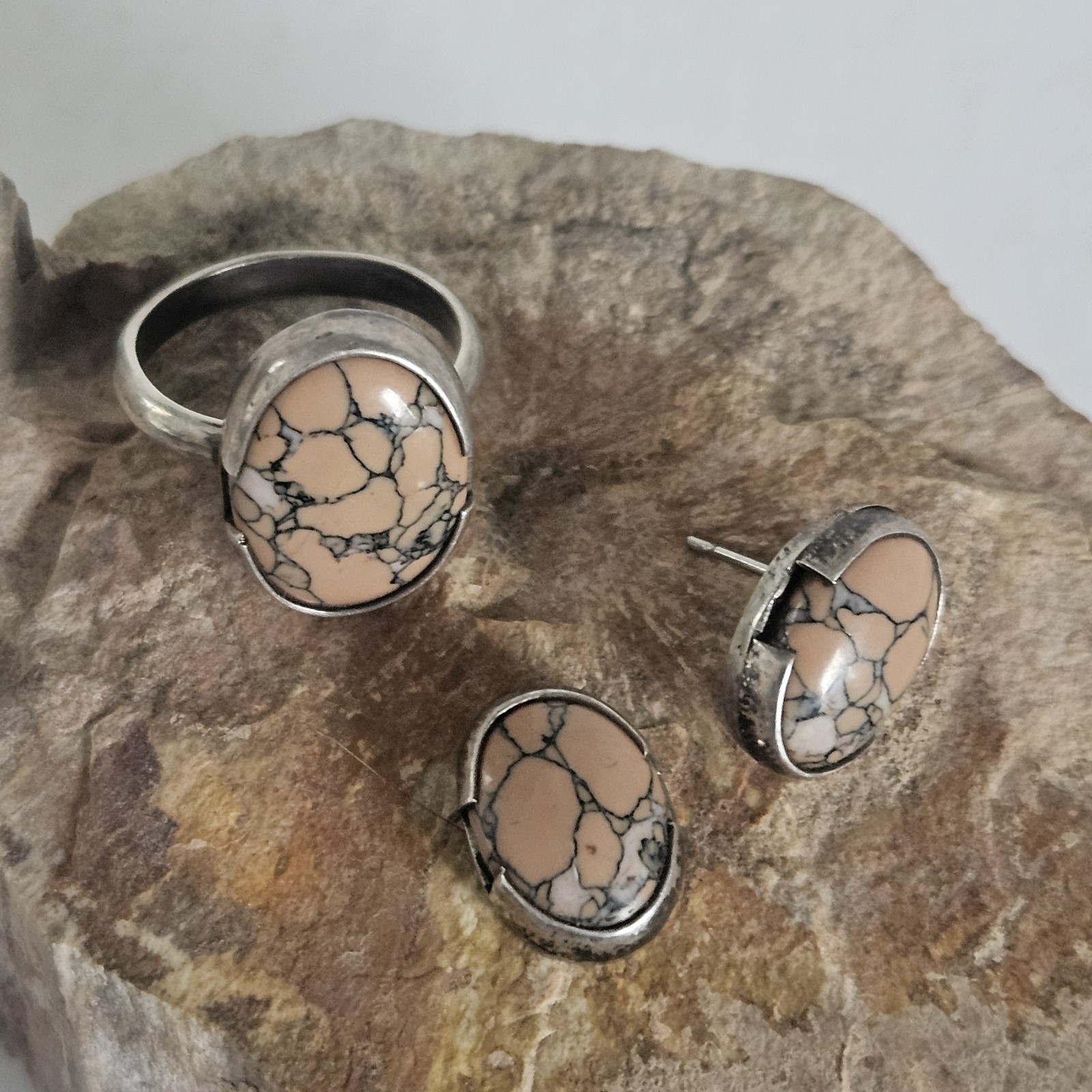 VTG Tortoise Shell Ring Earrings Sterling Silver 925 Jasper ATI Mexico Size 6.5