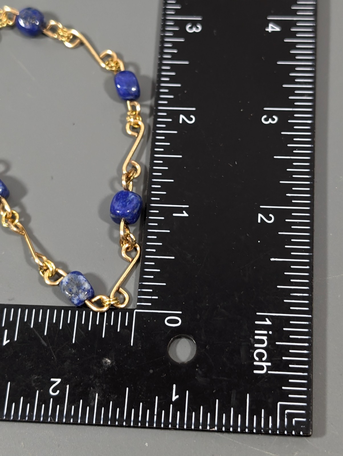 Vintage Blue Stone Bead Gold Tone Curved Bar Chain Tennis Bracelet 7.25 in