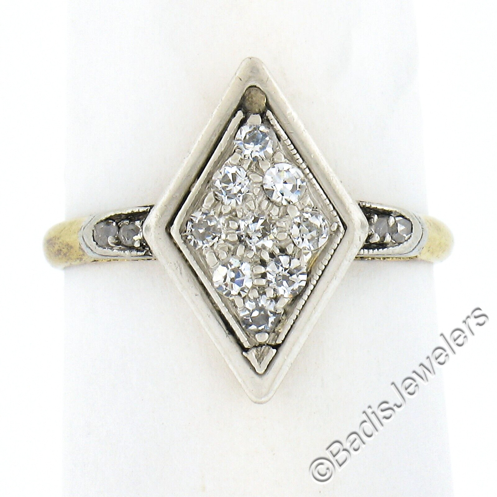 Antique Edwardian 18K Yellow Gold & Platinum Old Cut Diamond Lozenge Shape Ring