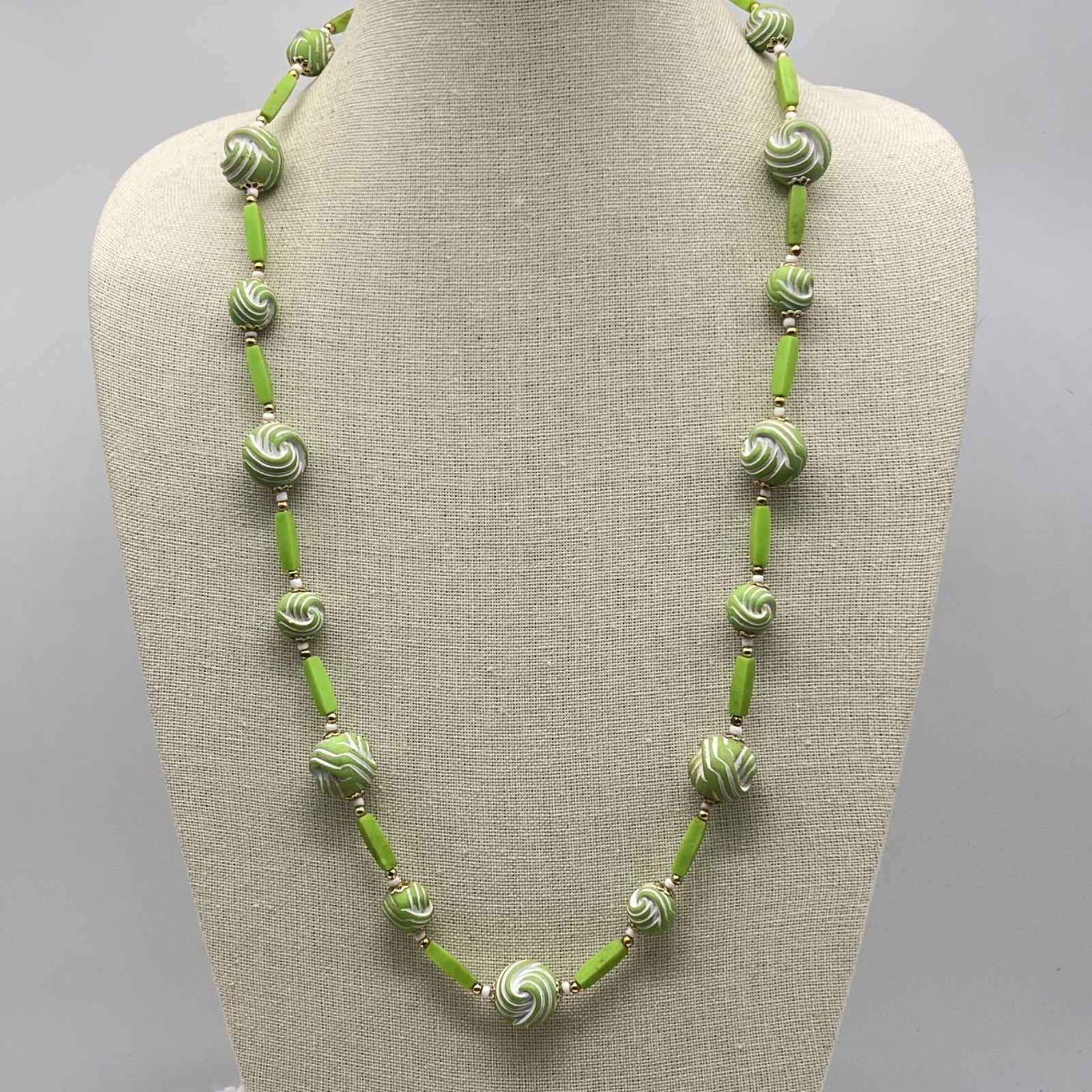 Vintage Green Plastic Necklace Carved Lime Green Beads