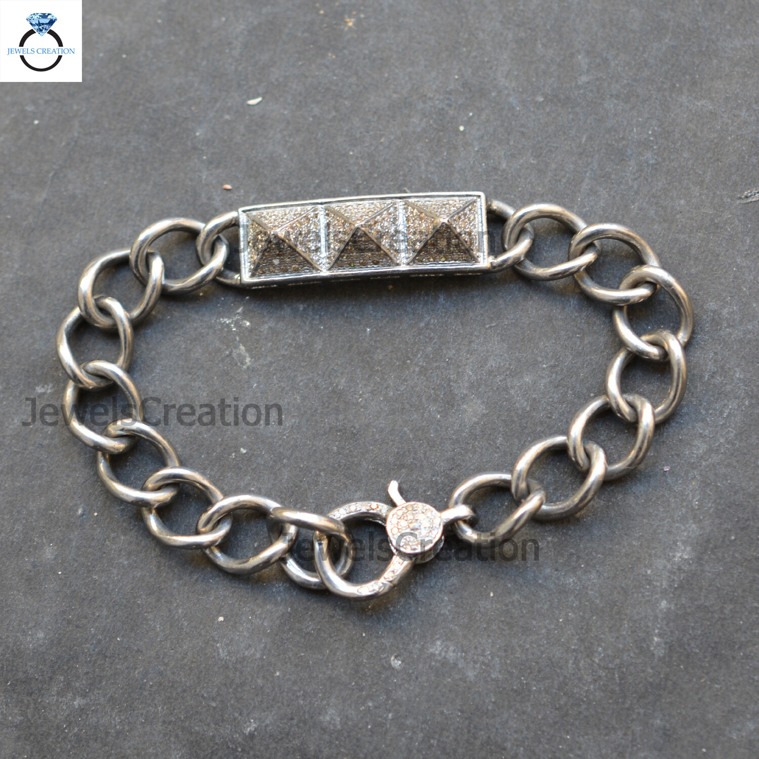 Pave Diamond Connector Link Chain Bracelet 925 Silver Jewelry Lobster Clasp Claw