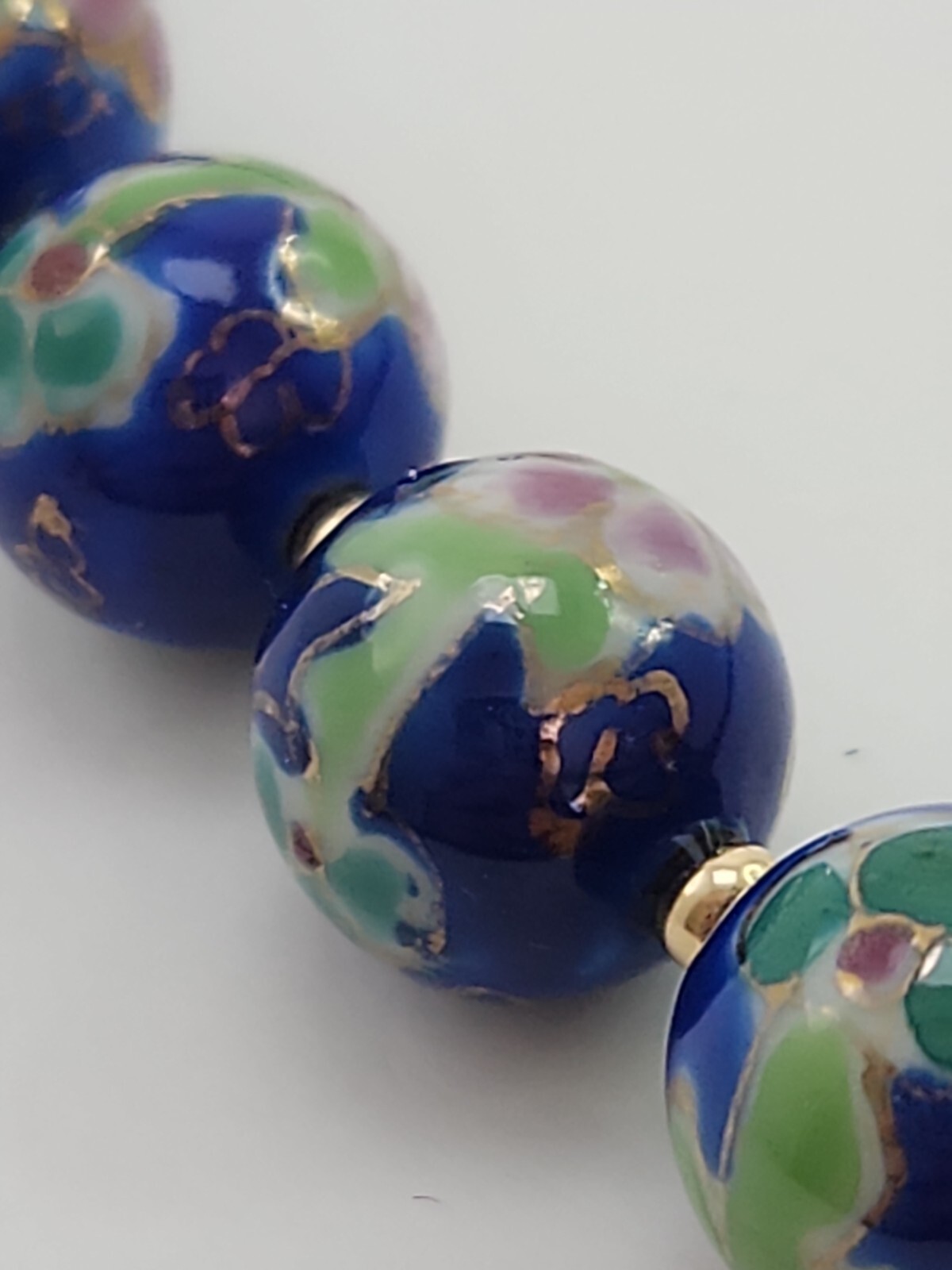 Vintage Japanese Cloisonne Bead Floral Necklace, Blue Pink and Green 22 Inches