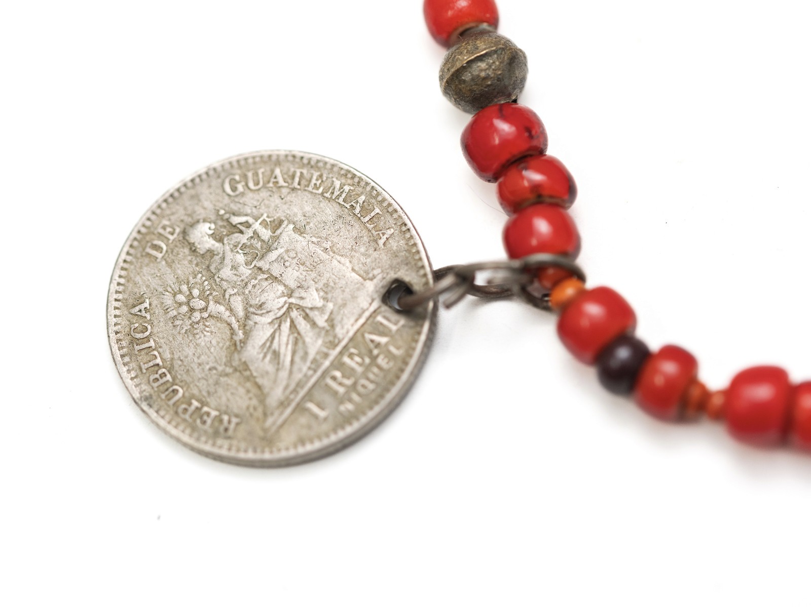 VTG Chachal Necklace w/ White Heart Beads, Guatemalan Coins, & Milagros Charms