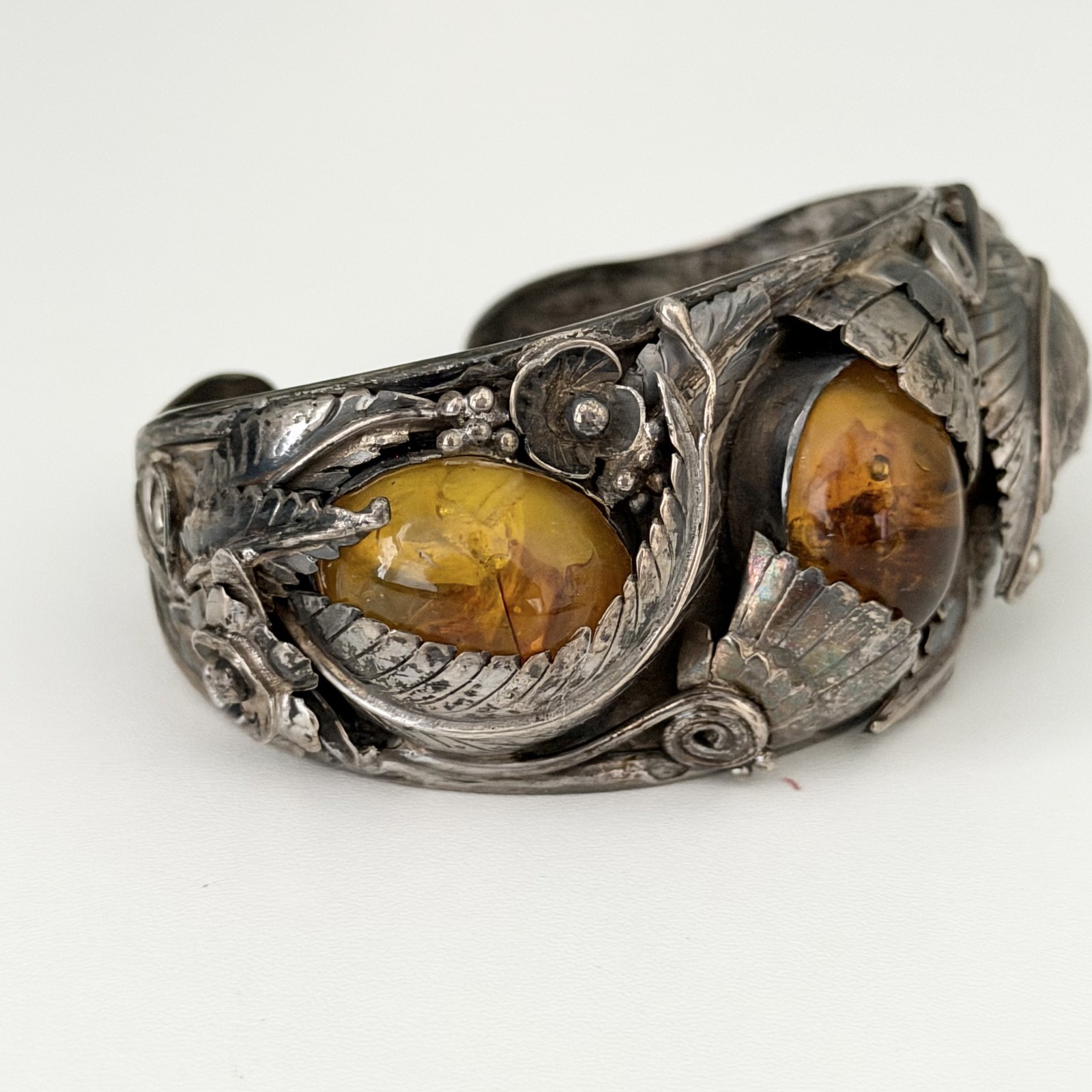 Vintage Sterling Silver Big Chunky Amber Leaf Southwest Cuff Bracelet Heavy