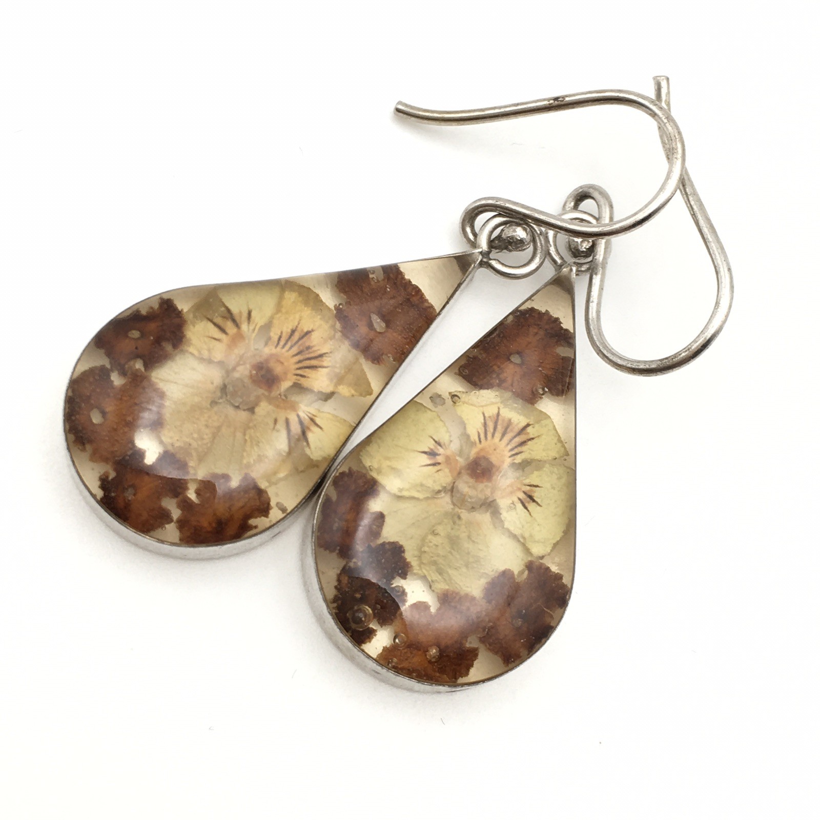 Sterling Silver ATI Dried Flower Resin Teardrop Dangle Earrings 925 Mex 4.5g #61