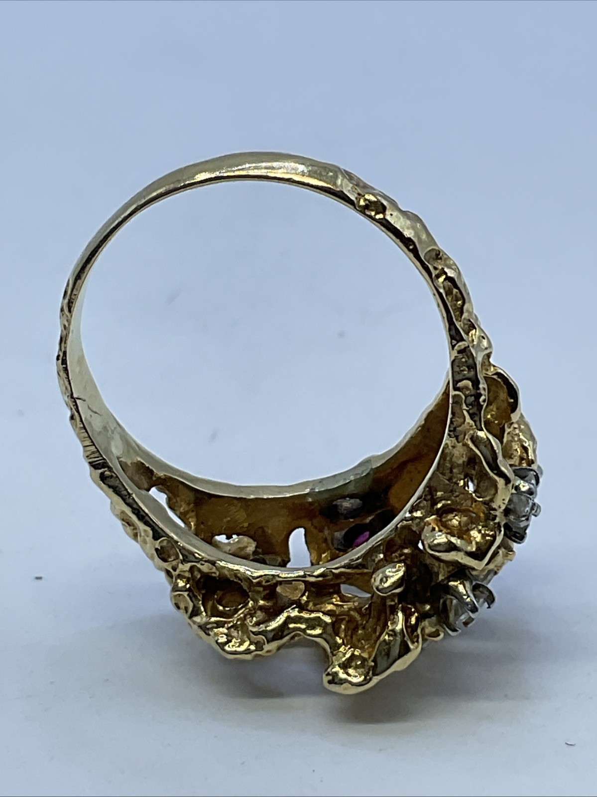 BEAUTIFUL Ladies Ring Solid 17K Yellow Gold Diamond & Ruby VINTAGE HANDMADE10.3g