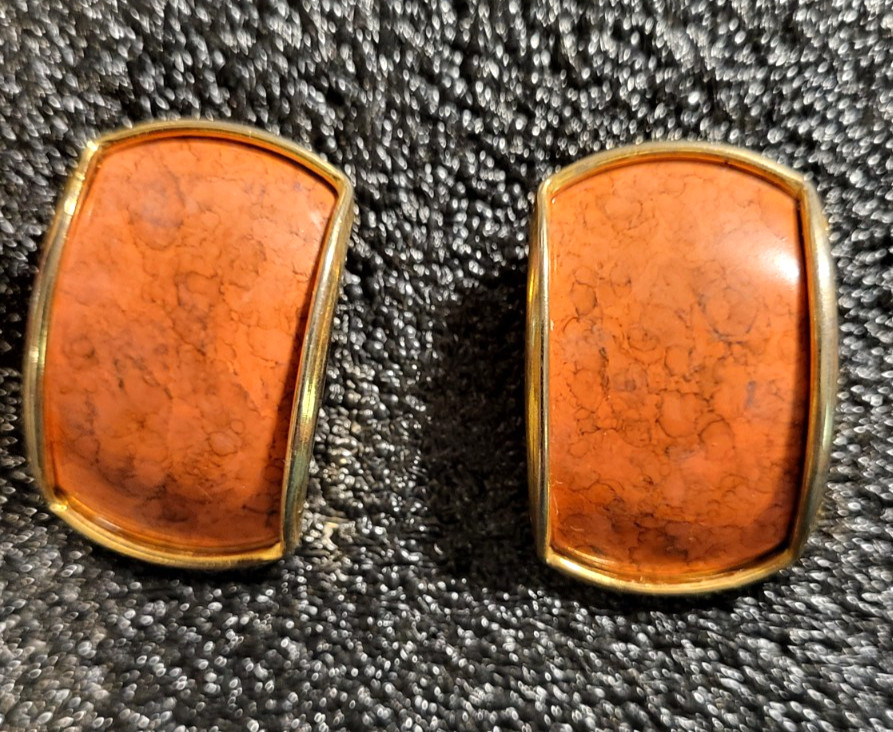 Vintage Gold Tone Orange Bold Rectangular Design Post Earrings