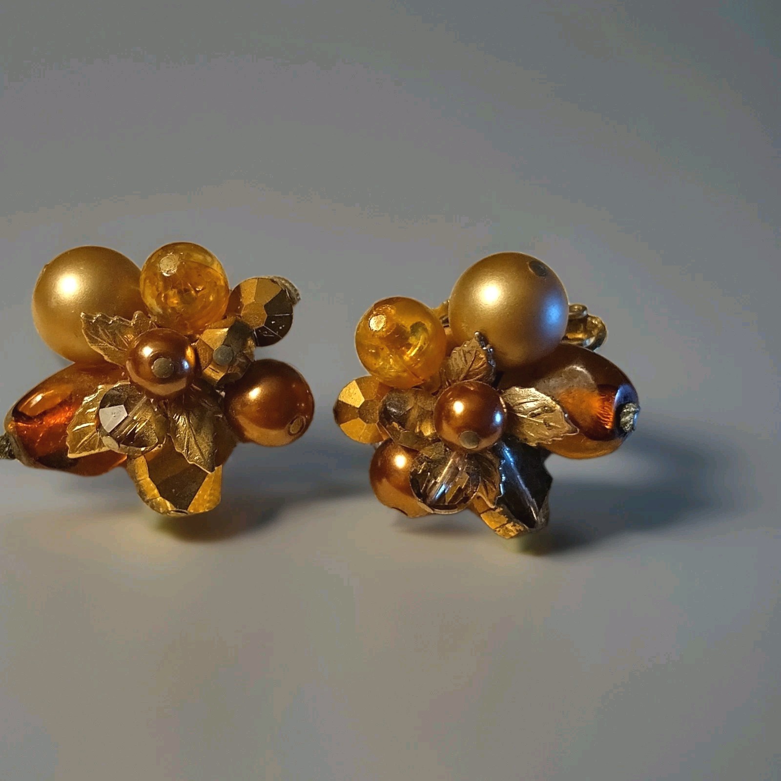 Vintage Signed VENDOME Amber Brown and Golden Leaves Adjustable Clip-On Earrings