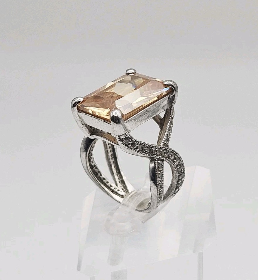 Sterling Silver Vintage 12.14ct Citrine & CZ Statement Ring Size 8