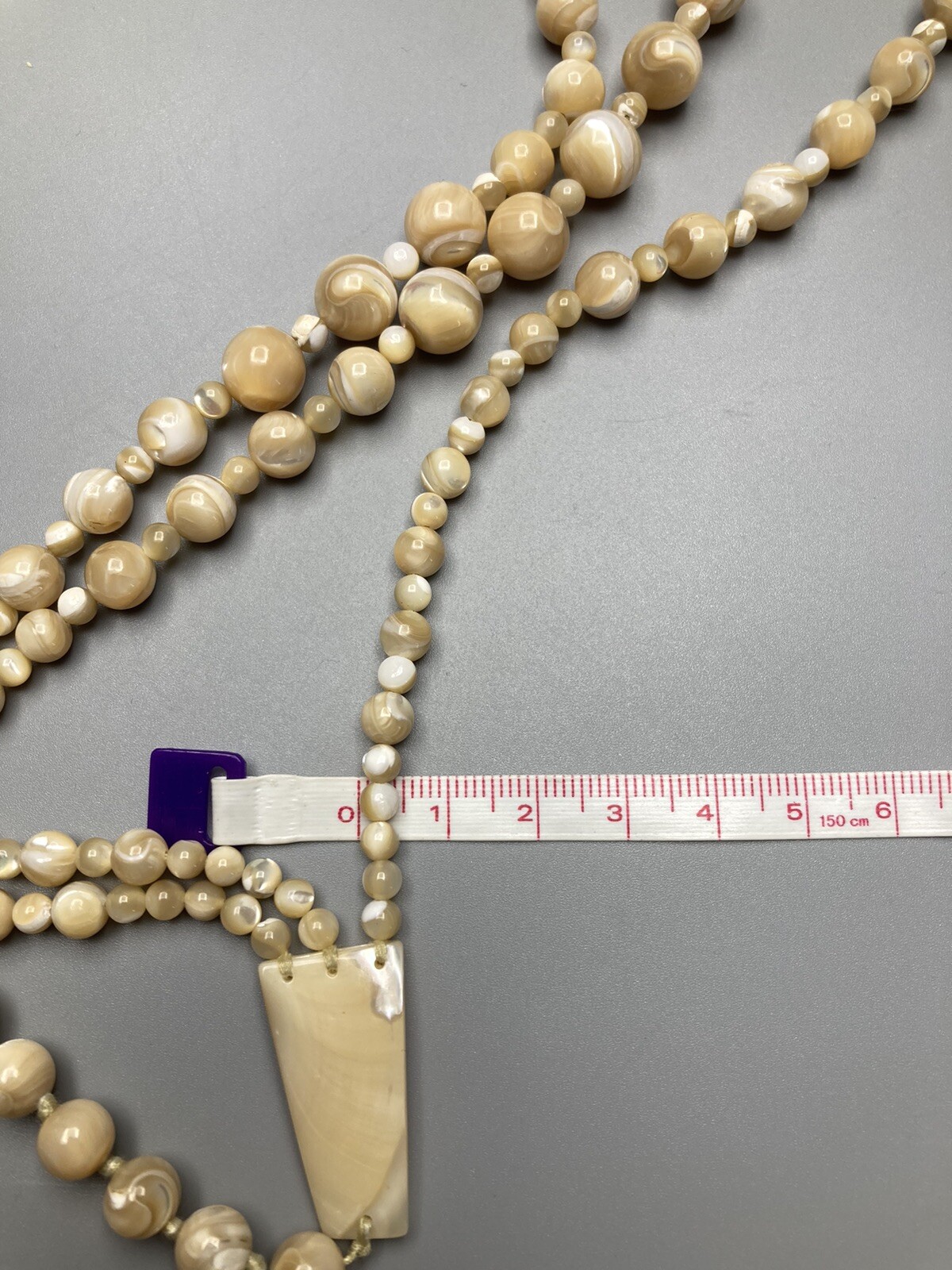 Mother of Pearl Necklace 3 Strand VTG Hand Knotted No Clasp 28.5in 97g 2” Drop