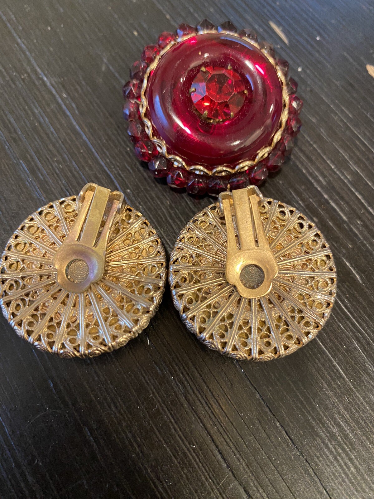 Designer French Ruby Glass Earrings Pin Set incredible Mogul Poured