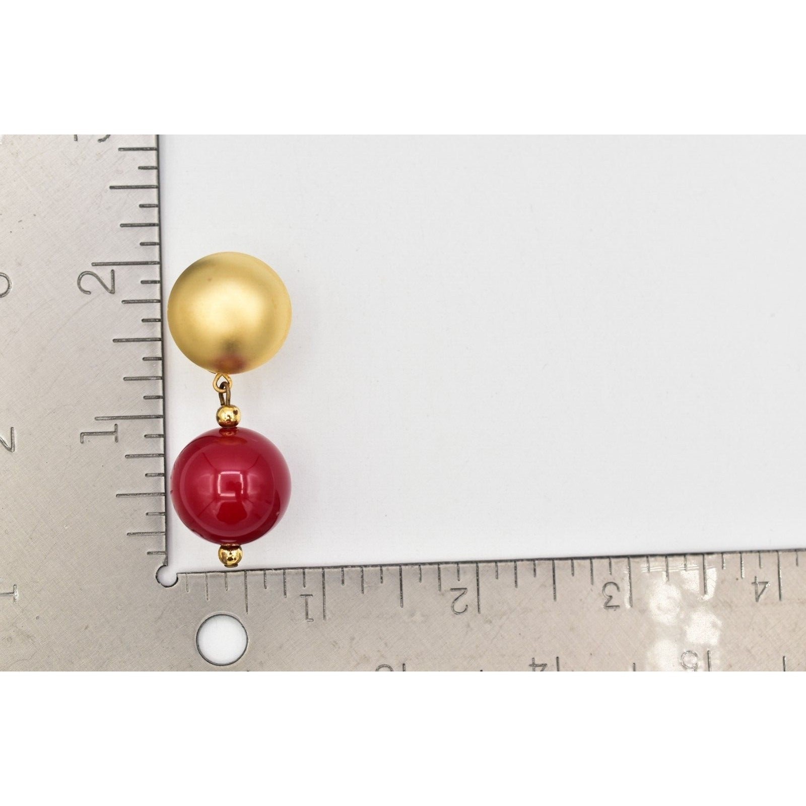 Vintage Dangle Beaded Earrings Chunky Drop Brushed Gold Red Retro 1980s BinBF