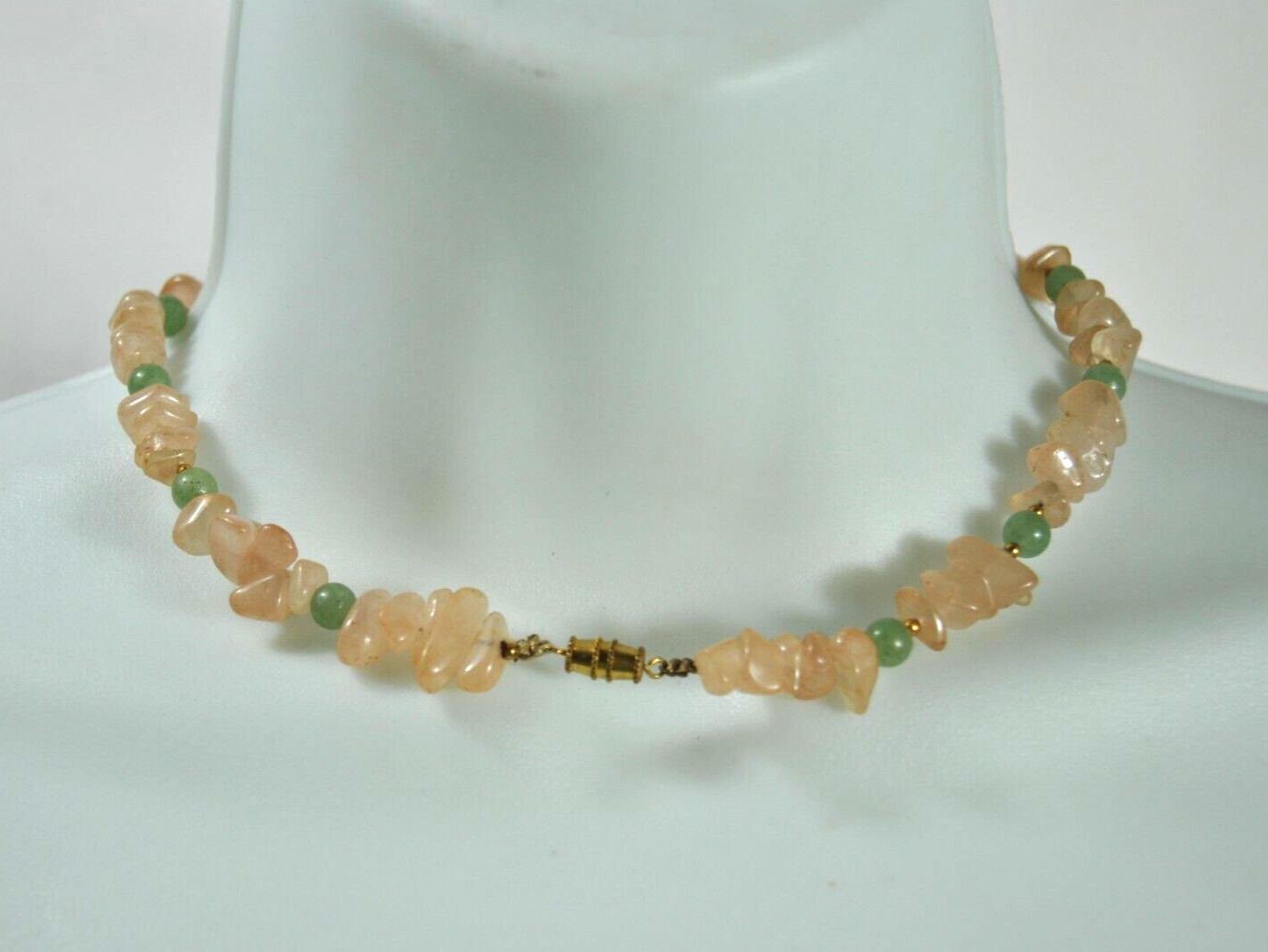 Vintage Jade Pink and Green Bead 15″Necklace Hand Strung Gold Tone Twist Closure