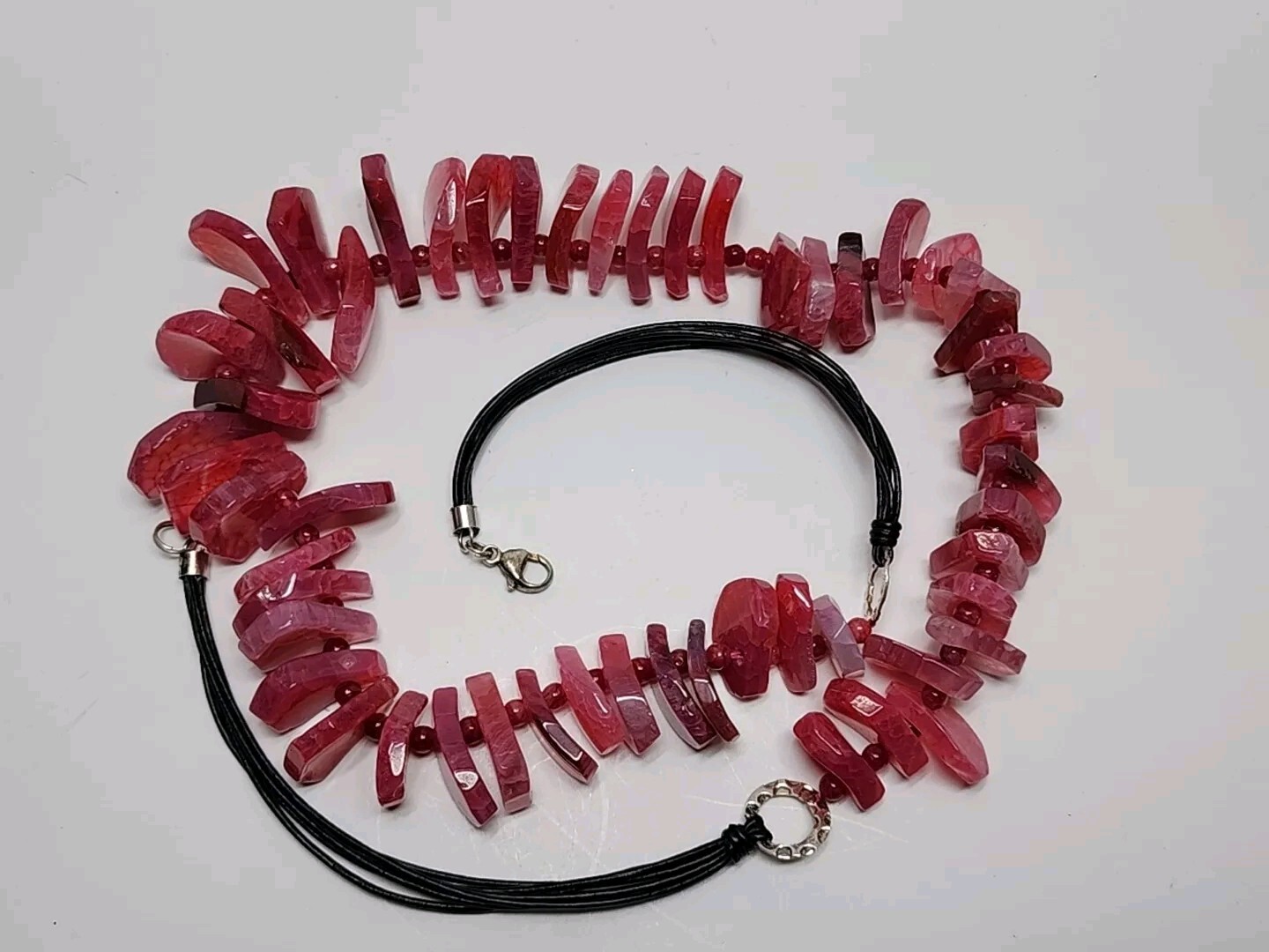Gorgeous Pink Crackle Agate Stone .925 Clasp Statement Beaded Necklace 148g