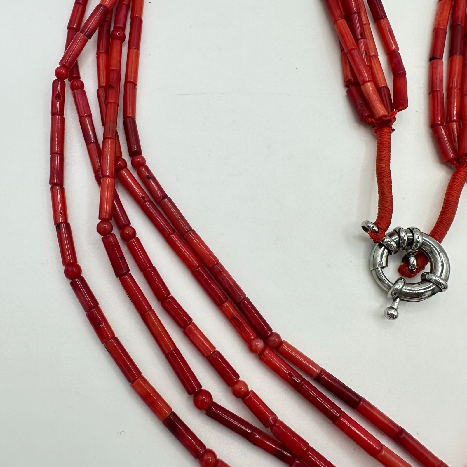 Vintage handmade 5 multi strand genuine red coral branch beads beaded necklace