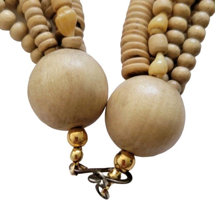 Sea Shell & Hand Carved Wood Bead Multi 7 Strand Necklace Unique Ocean Jewely