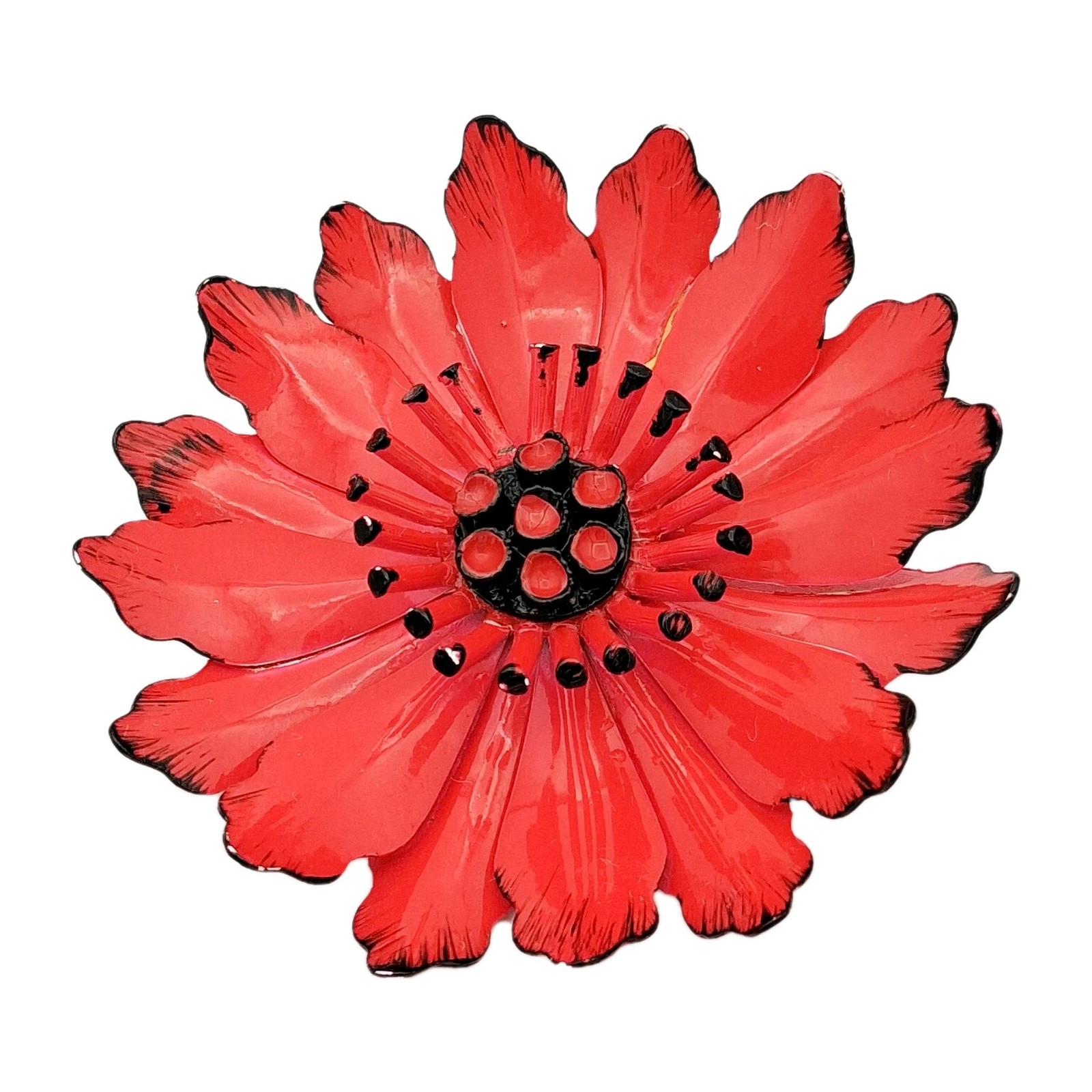 Vtg 1960s Red Enamel Flower Brooch Pin Black Accents Dimensional Center 2.5″ EUC