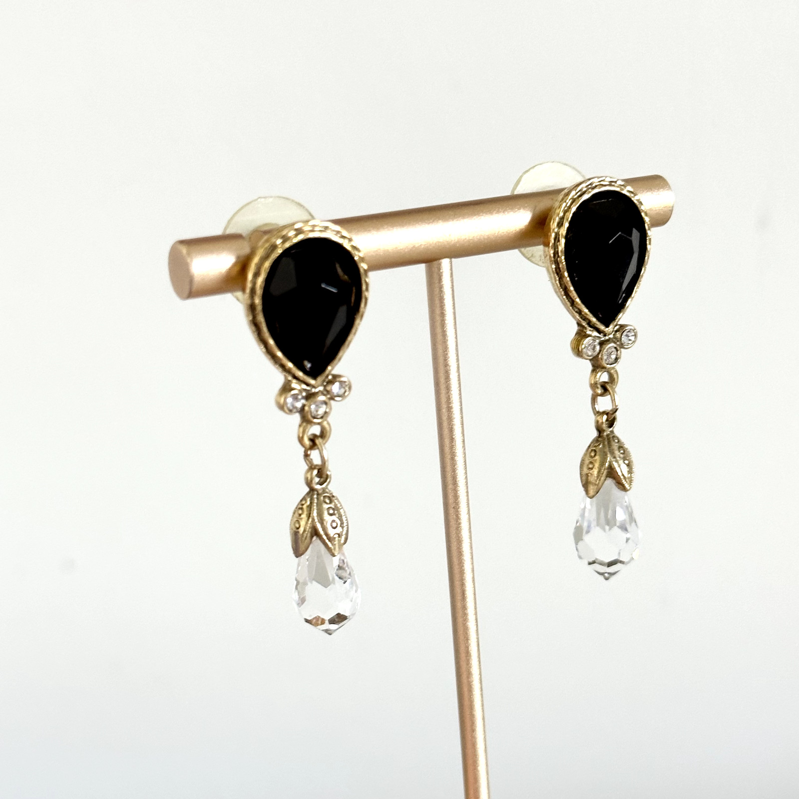 Vintage Clear Faceted Crystal Black Acrylic Stone Gold Tone Dangle Earrings