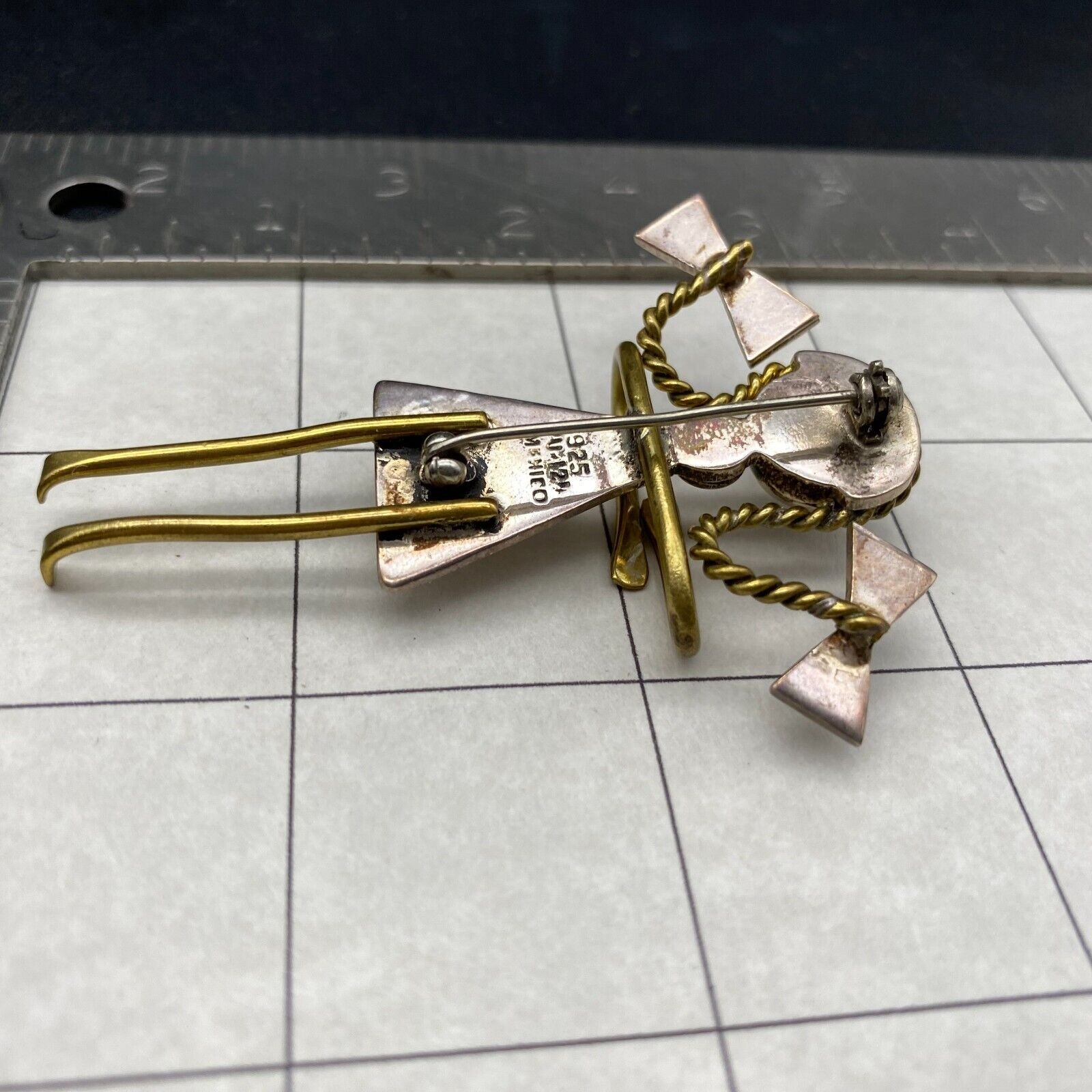 Vintage Mexico Girl Bow Knot Mixed Metal Sterling Silver Brass Pin Brooch