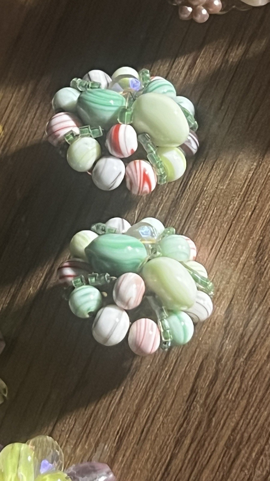 Lot -10 CLUSTER BEADED’ CLIP ON EARRINGS Pinks/purples/white/green gold Costume