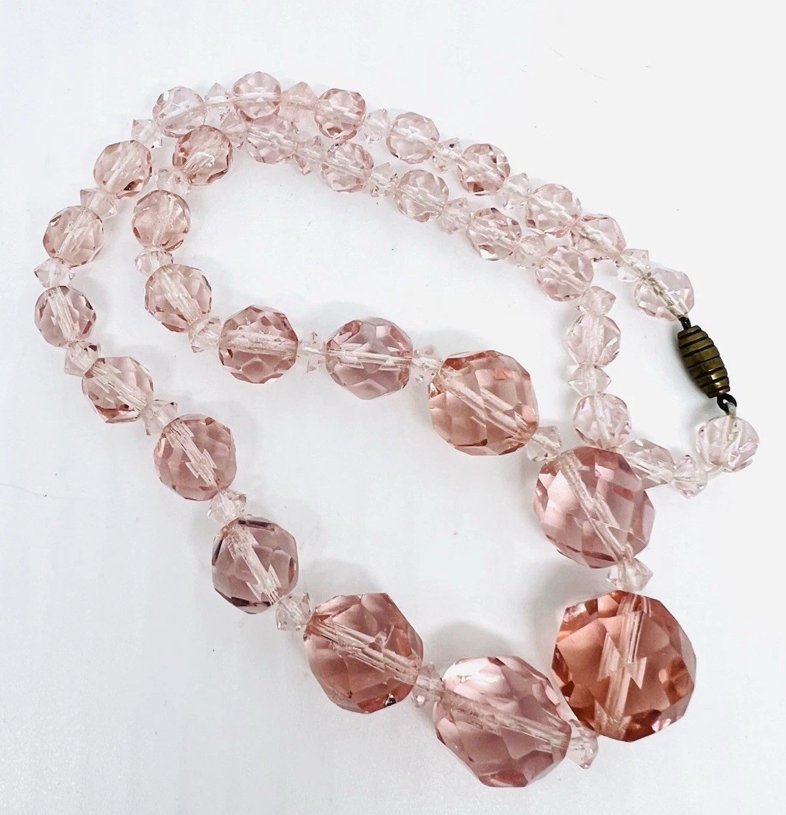 Art Deco Faceted Pink Crystal Glass Beaded Necklace Vintage Jewelry