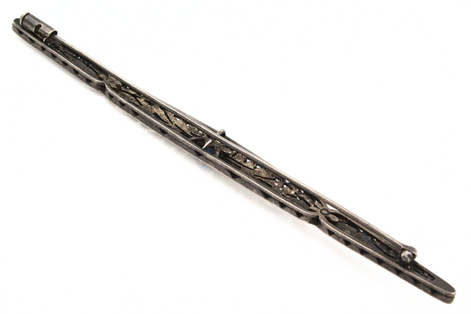 Antique French Edwardian Coin Slver Paste Glass Blue 5″ Trombone Bar Pin