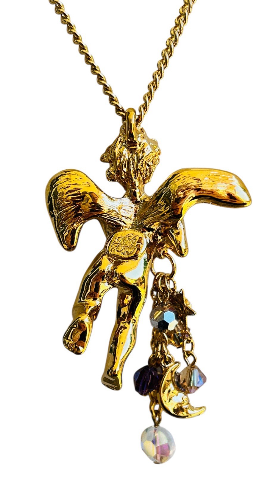Vintage Signed Kirk’s Folly Angel Cherub Glass Dangle Gold Tone Necklace 28”