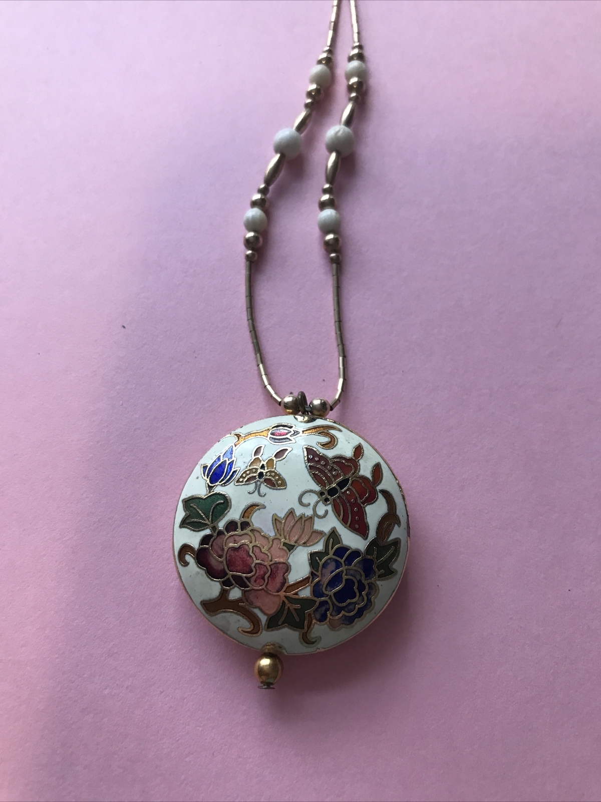 Vintage Oriental Ivory and Gold Tone Necklace with Flowers & Butterflies