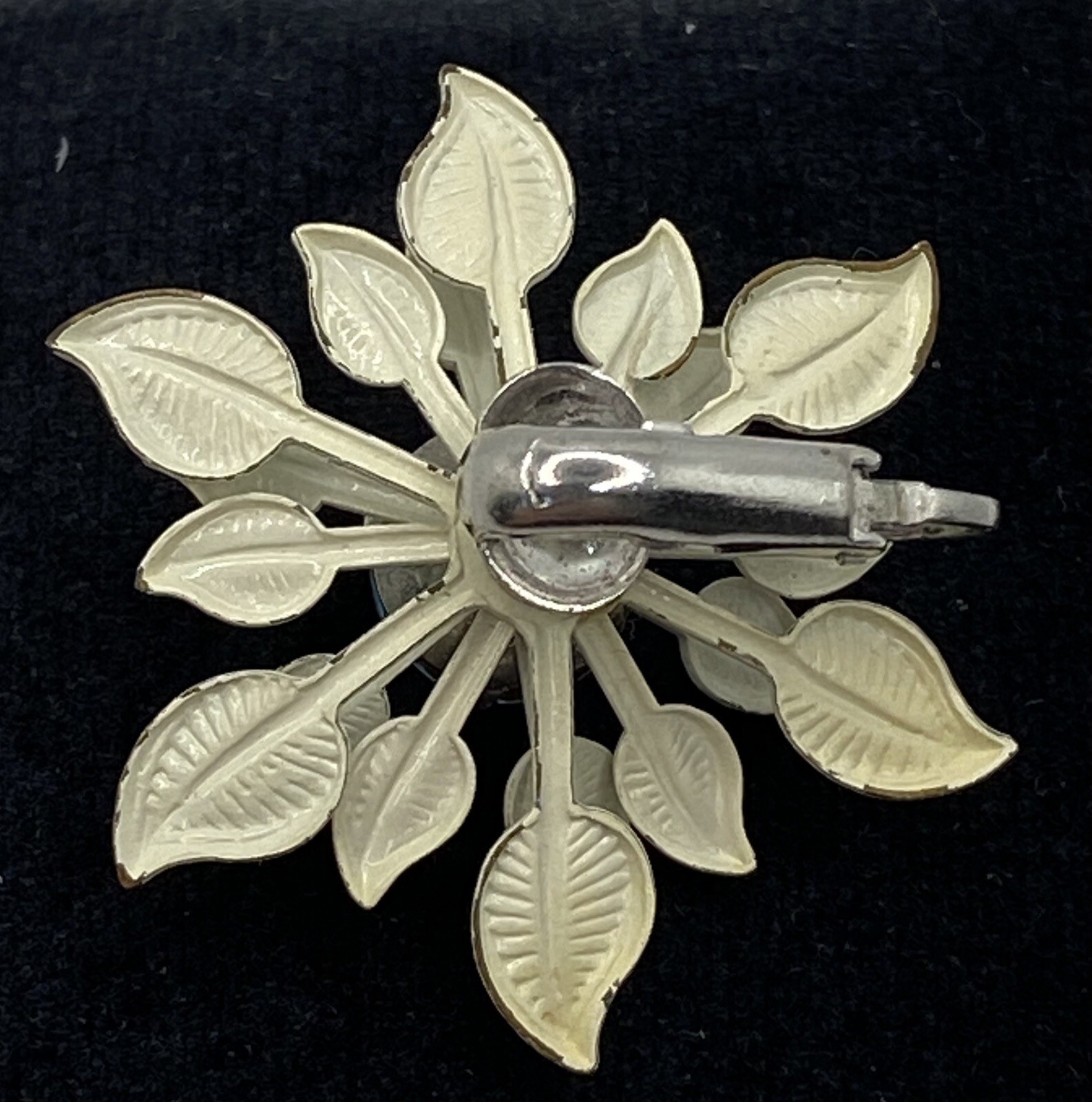 Vintage White Enamel Blue Topaz Rhinestone Flower Brooch & Clip-on Earring Set