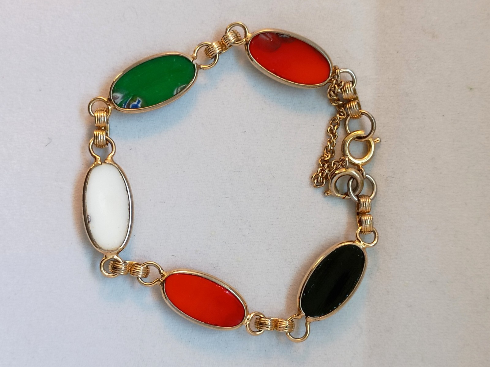 Vintage multi color enamel cabochon bracelet with lobster clasp safety chain