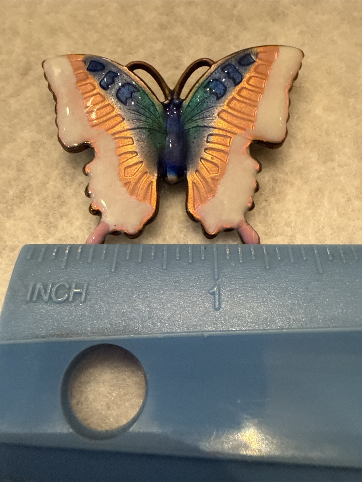 Vintage Copper Metal Finish Enamel Butterfly Pin Blue and White