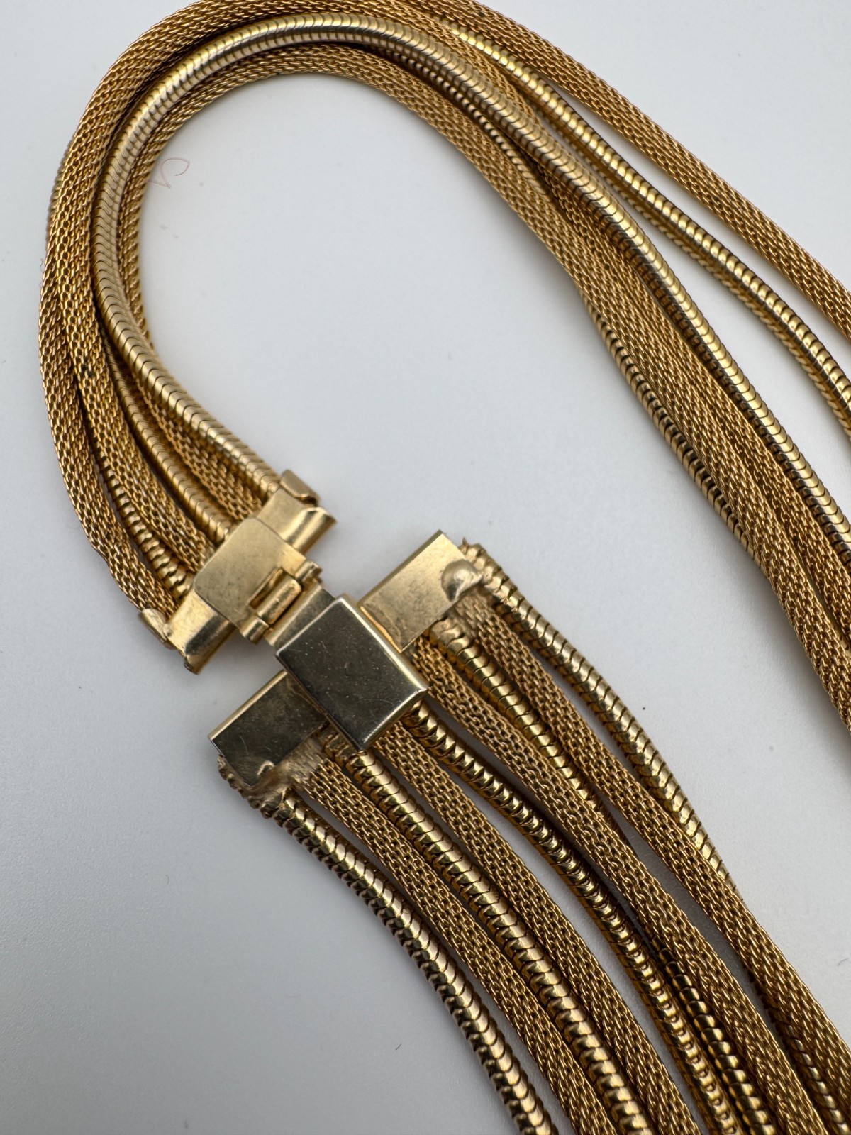 Vintage Mesh Necklace Multi Strand Snake Chain Tassel Knot Fringe Gold Tone