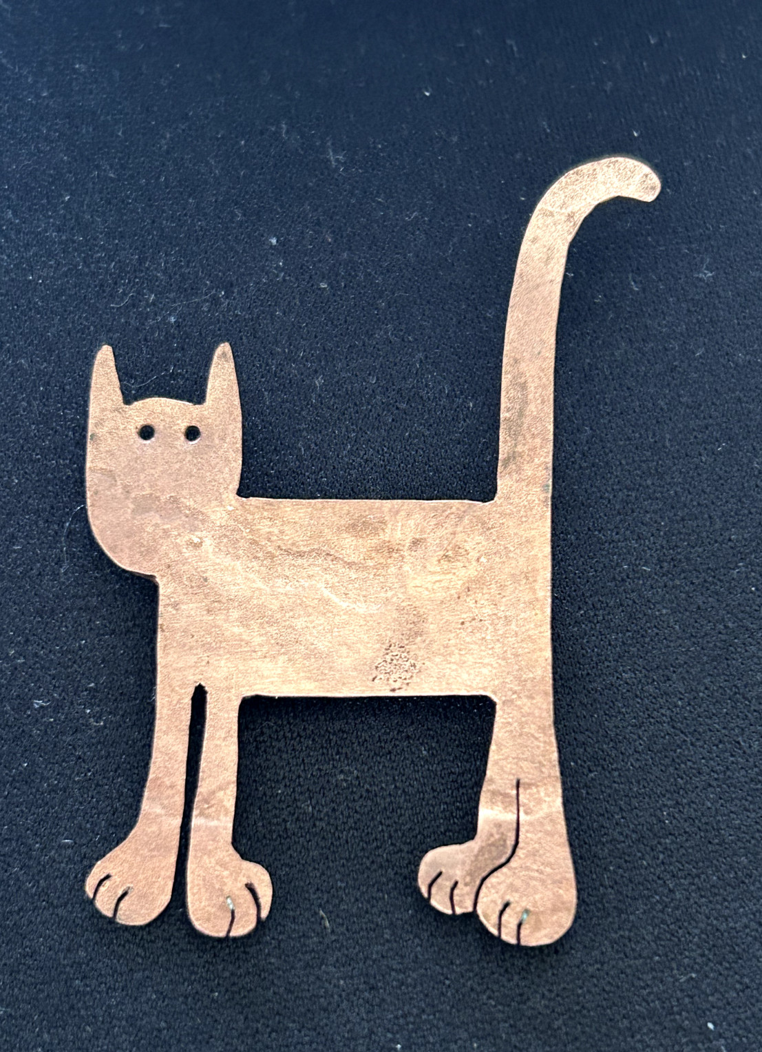 Whimsical Artisan Copper Figural Cat Brooch Pin, Rollover Safety Clasp