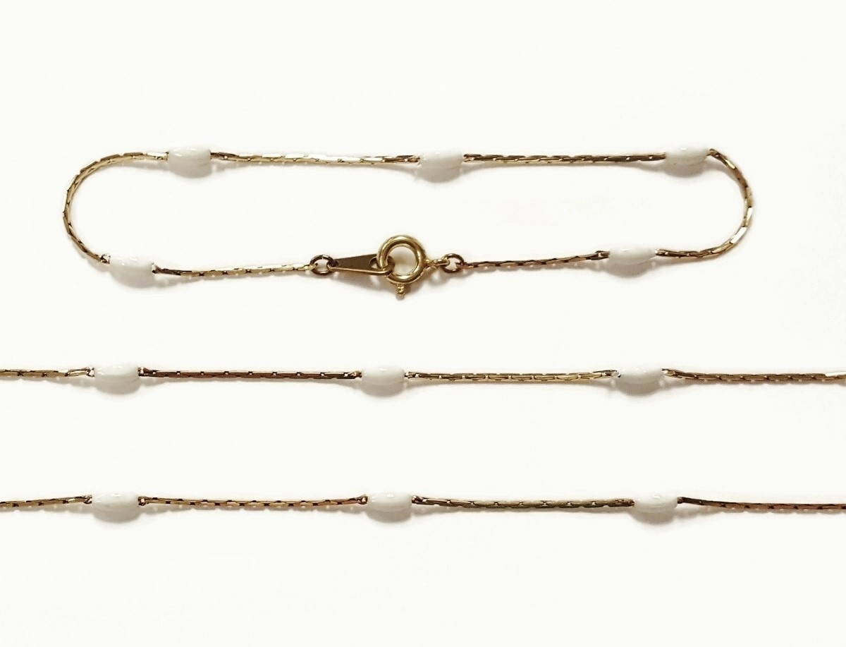 Vintage Japanese Brass Box Chain White Pearl Beaded 7″ Bracelet L521