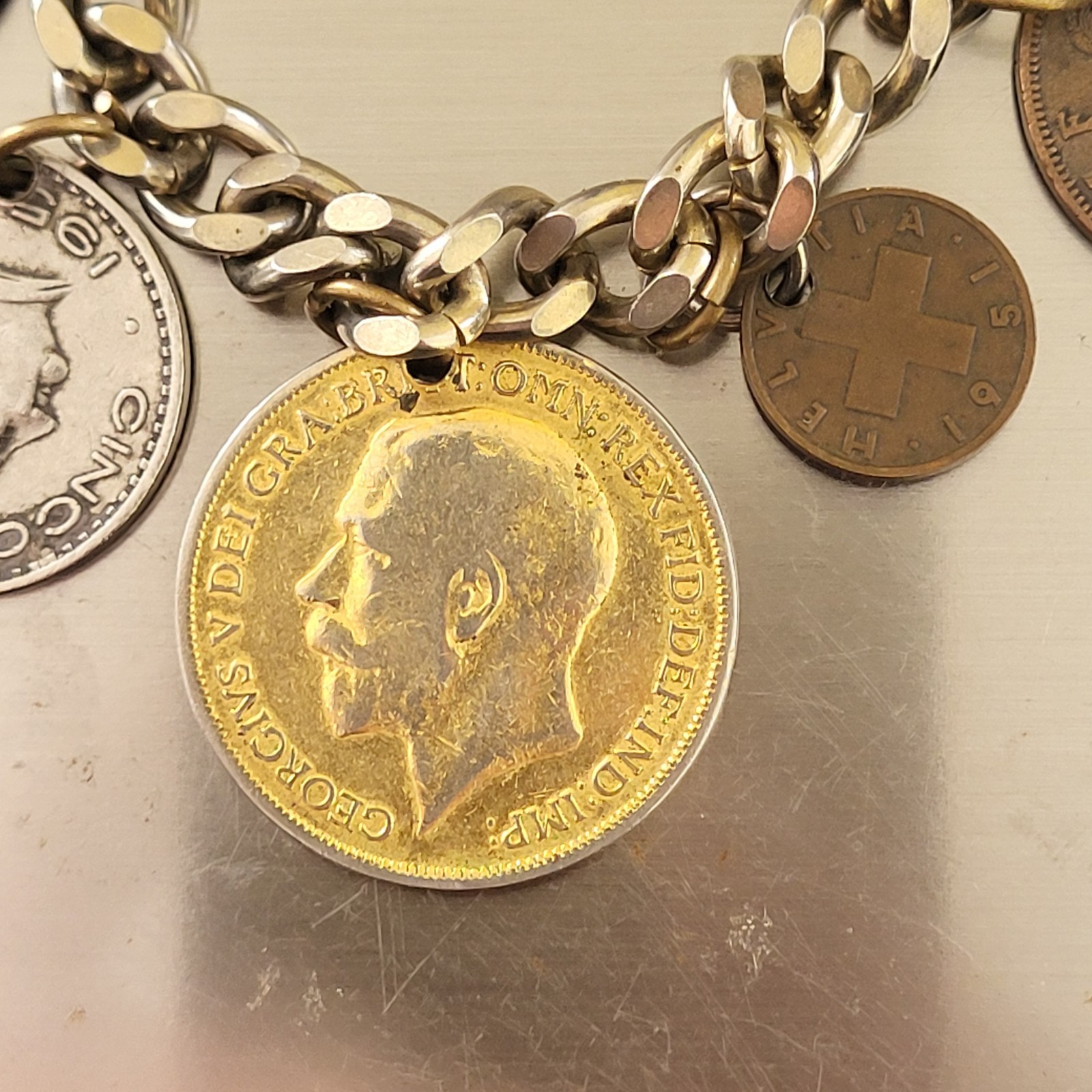 VTG 8 Foreign Coins Tokens of the World Charm Bracelet Silver Tone 1930s-1950s