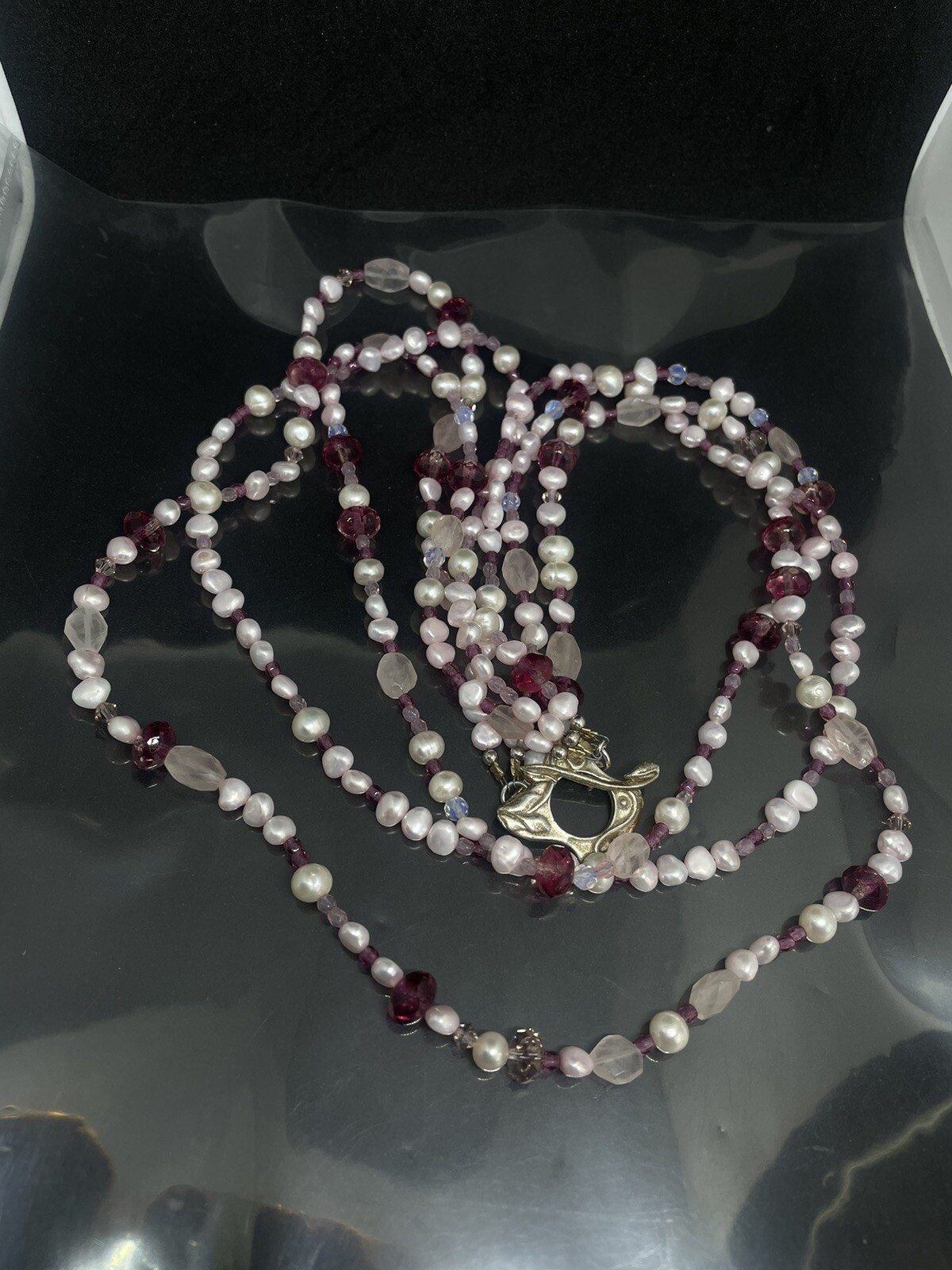 Vintage Sterling Toggle White Pearls Pink Purple Lucite Beads 3 Strands Necklace