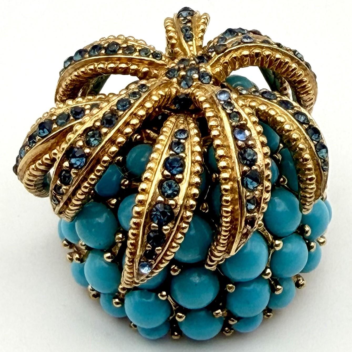 CINER Pineapple Brooch Faux Turquoise Cabochon Rhinestone Gold Tone Signed Vtg