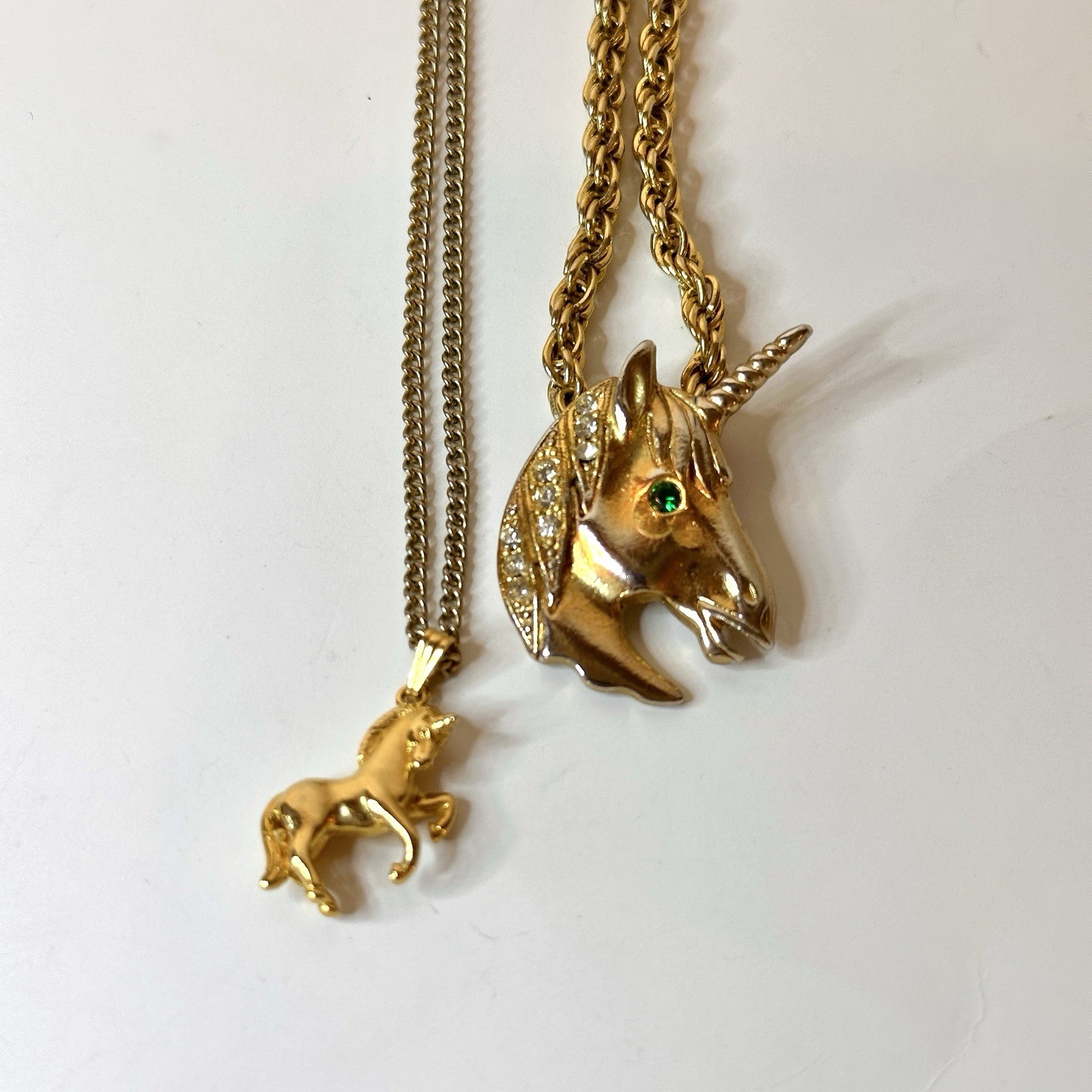 VTG Running Horse Unicorn Rhinestones Equestrian Pendant Necklace Gold Tone LOT