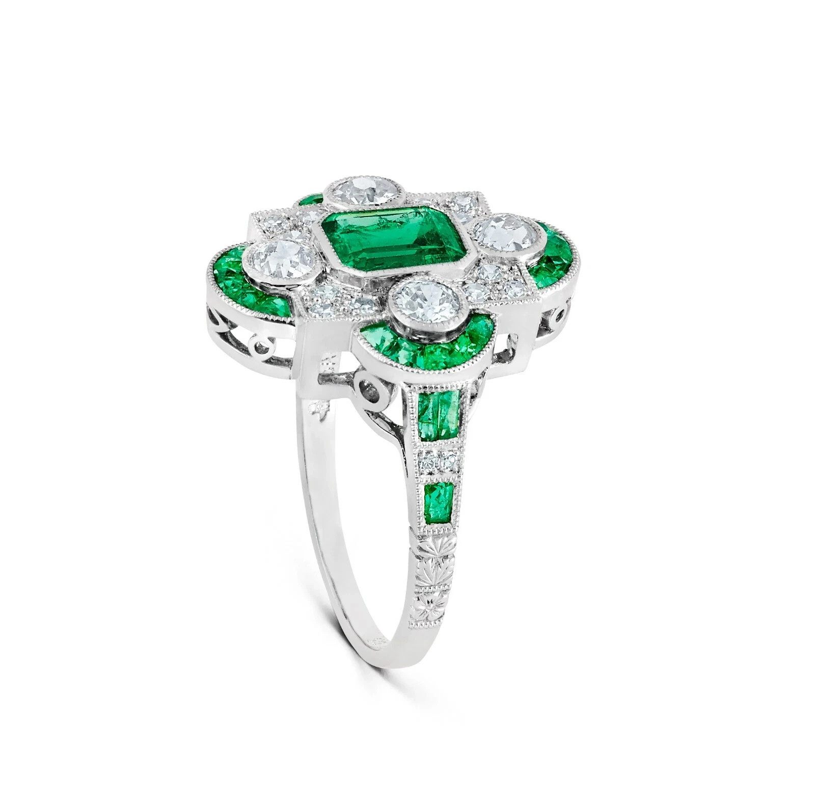 Art Deco Style Emerald and Lab Created Diamond Engagement 14K White Gold FN Ring