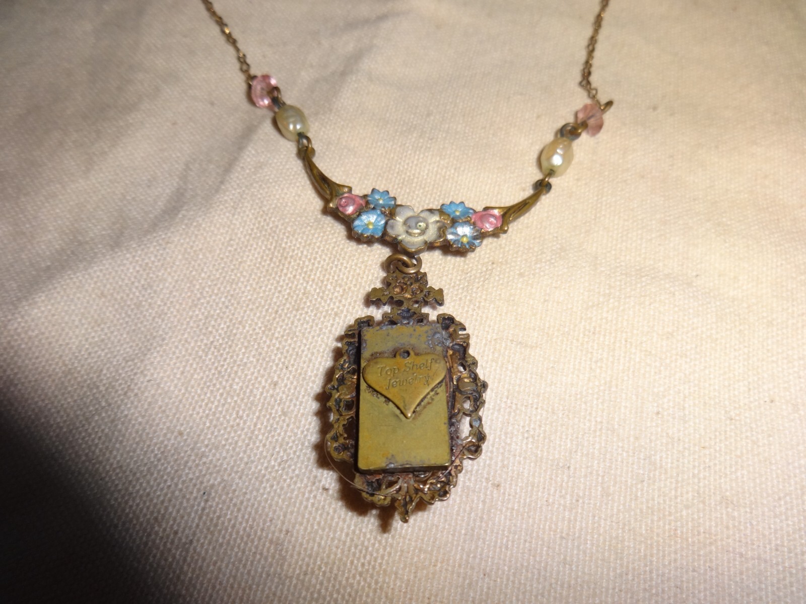 VTG Top Shelf Jewelry Dangle Rose Flower Guilloche Enamel Necklace 16″