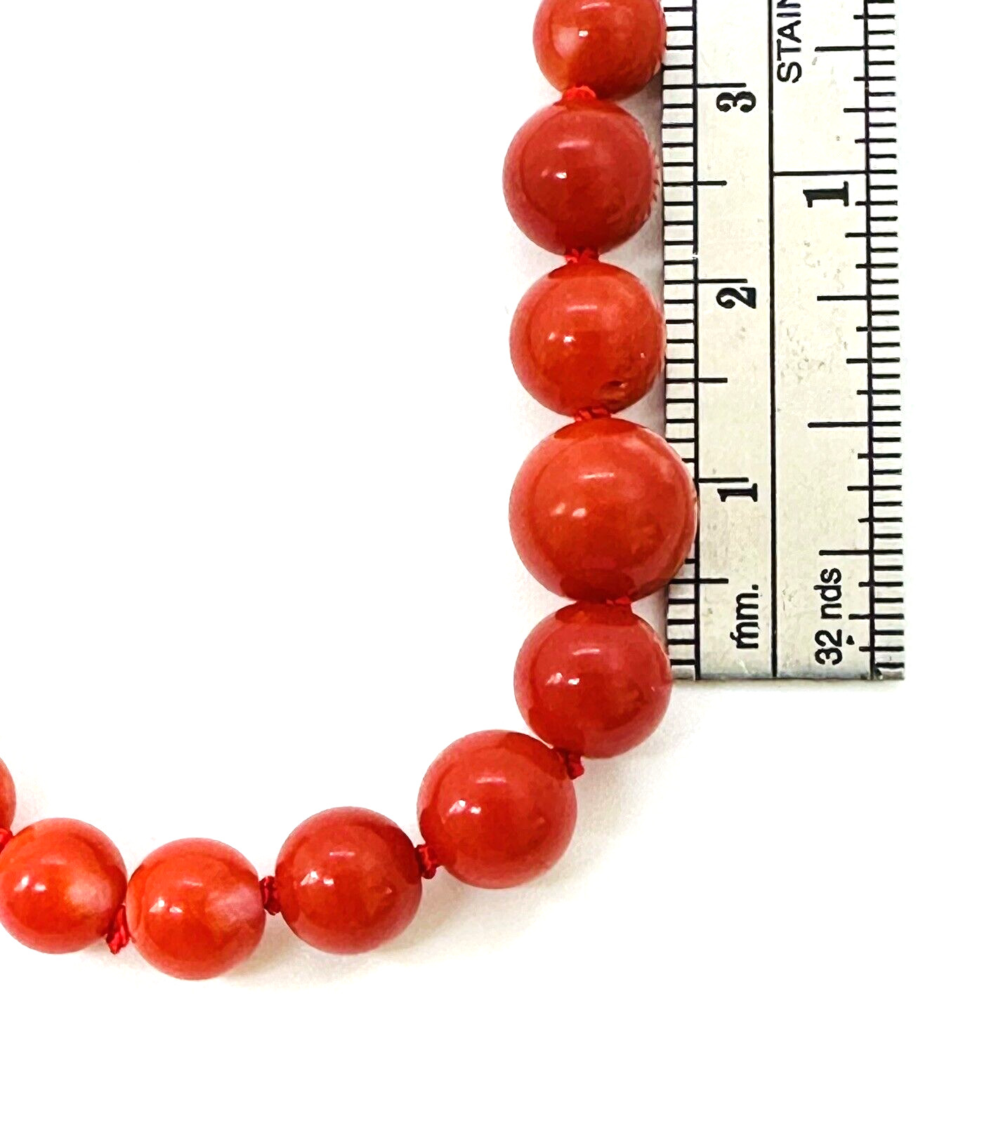 Natural Red Coral 9 mm x 4 mm Strand 18k Yellow Gold Necklace 17.5″