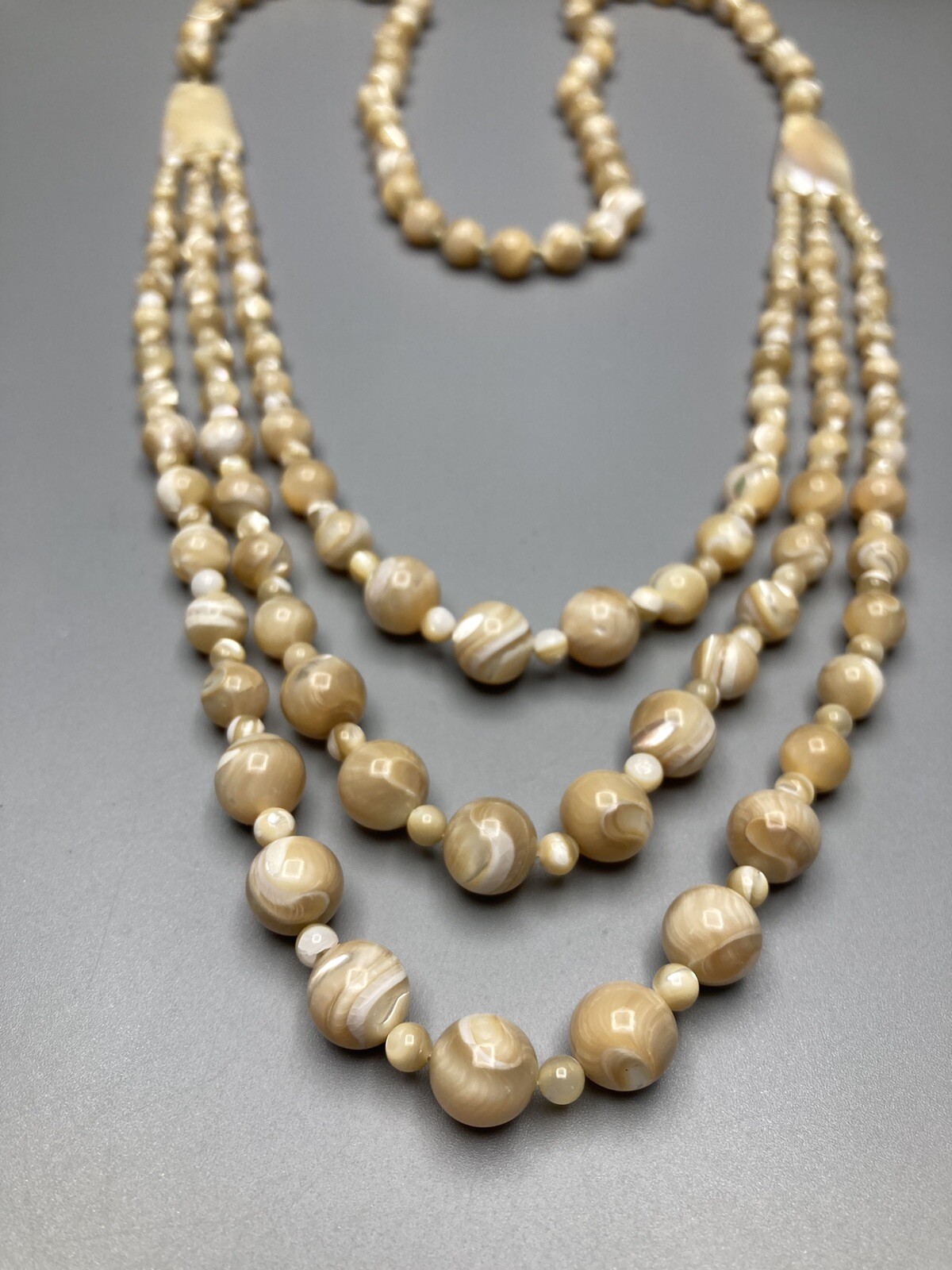 Mother of Pearl Necklace 3 Strand VTG Hand Knotted No Clasp 28.5in 97g 2” Drop