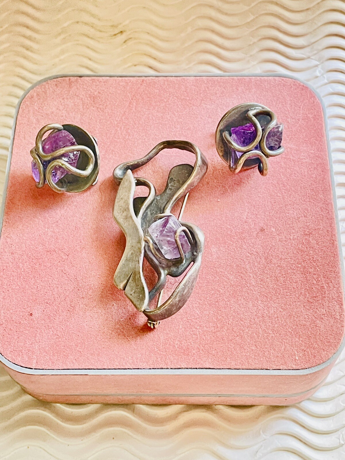 Vintage Taxco 980 early pre🦅 sterling silver Amethyst pin brooch & Earrings Set