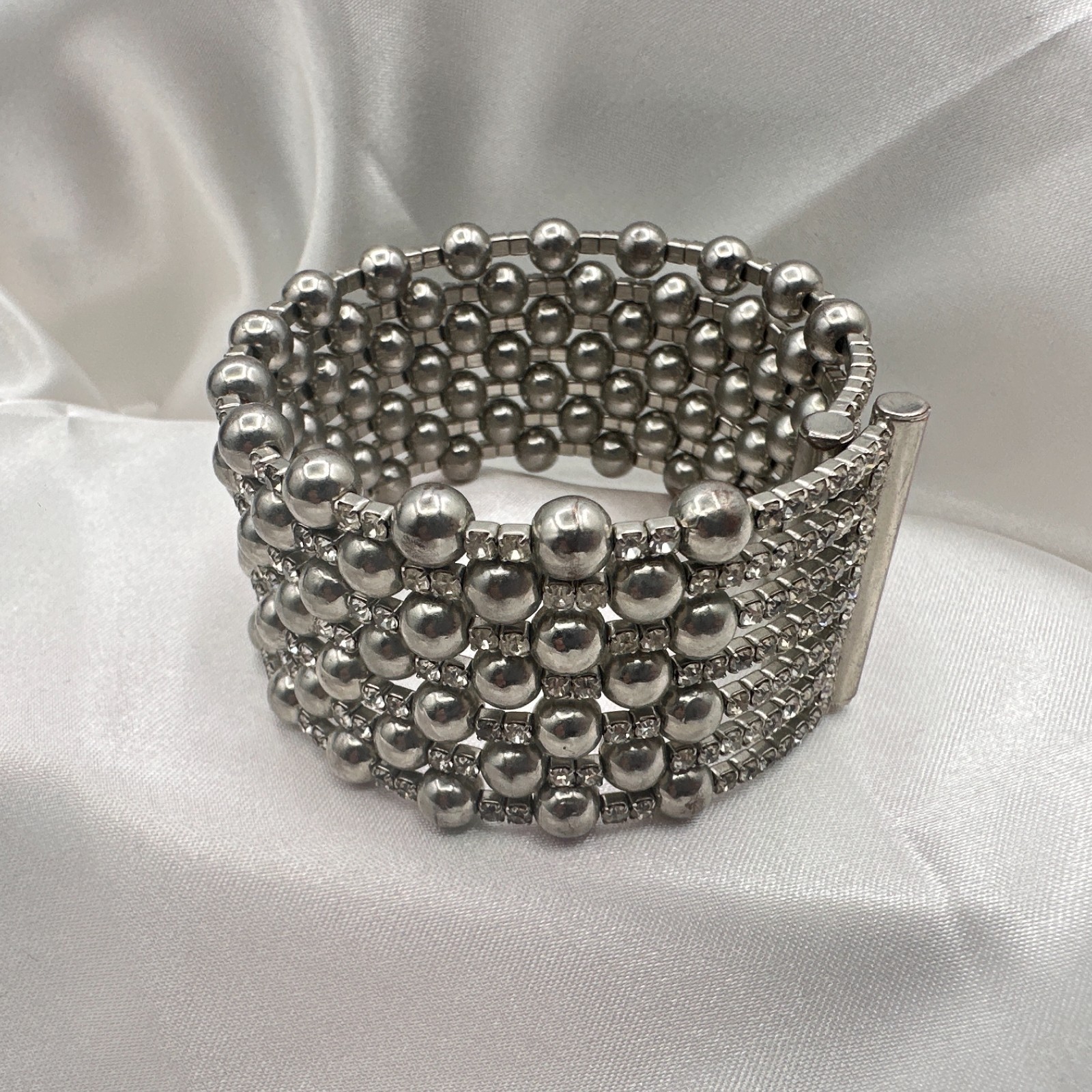 Vintage 90s Silver Tone Multi Row Bead Clear Glass Wide Cuff Statement Bracelet